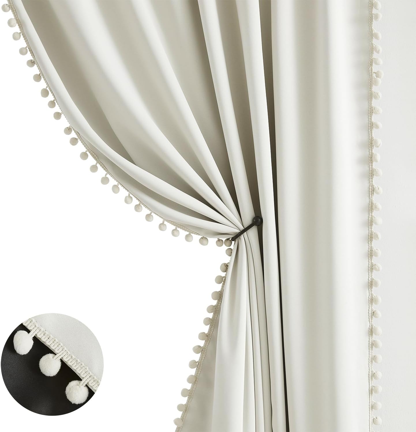 Pink Blackout Curtains with Sheer Overlay for Bedroom, Mix & Match Double Layer Pom Pom Curtains for Girl Nursery, Living Room, Rod Pocket Thermal Insulated Window Panels with Tiebacks 52W X 84L, 2pcs
