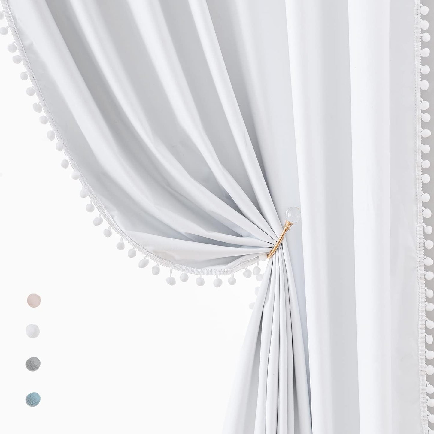 Pink Blackout Curtains with Sheer Overlay for Bedroom, Mix & Match Double Layer Pom Pom Curtains for Girl Nursery, Living Room, Rod Pocket Thermal Insulated Window Panels with Tiebacks 52W X 84L, 2pcs