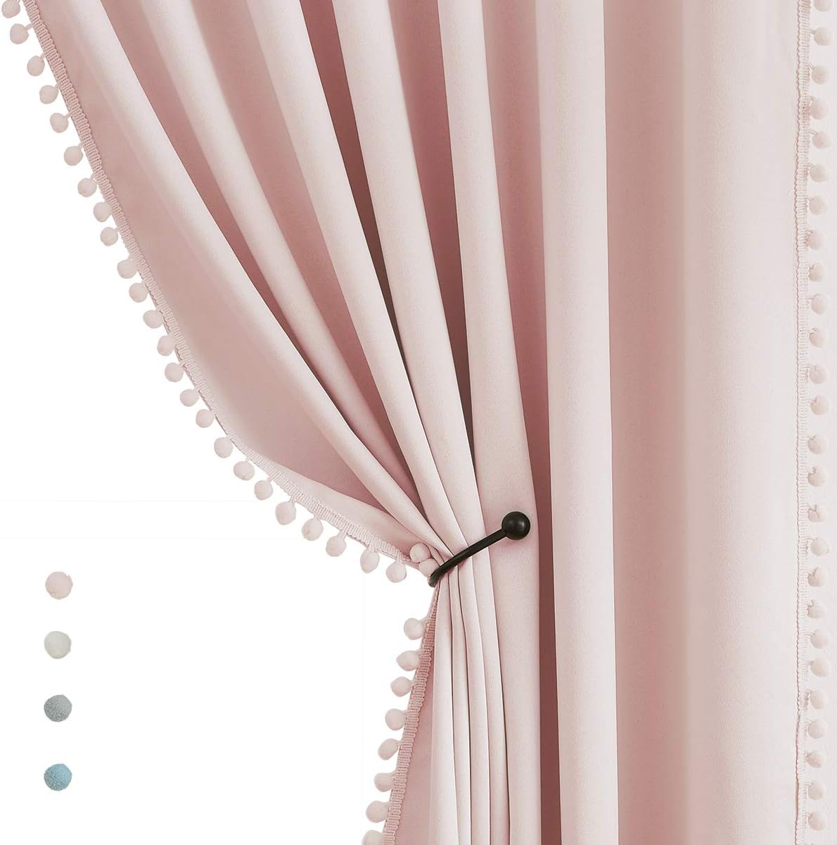 Pink Blackout Curtains with Sheer Overlay for Bedroom, Mix & Match Double Layer Pom Pom Curtains for Girl Nursery, Living Room, Rod Pocket Thermal Insulated Window Panels with Tiebacks 52W X 84L, 2pcs