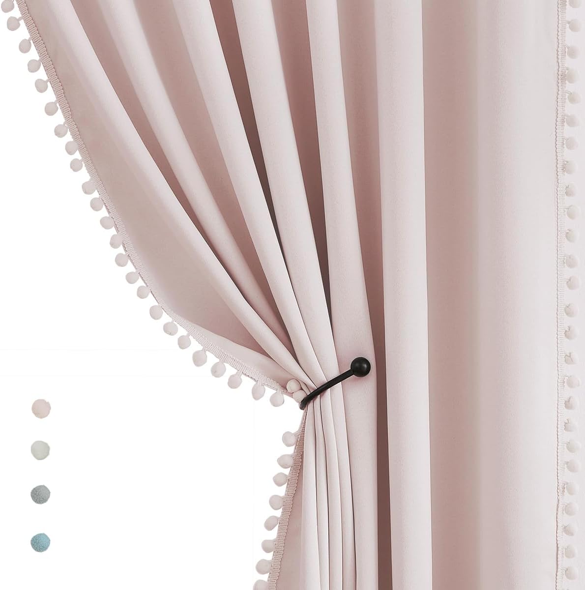 Pink Blackout Curtains with Sheer Overlay for Bedroom, Mix & Match Double Layer Pom Pom Curtains for Girl Nursery, Living Room, Rod Pocket Thermal Insulated Window Panels with Tiebacks 52W X 84L, 2pcs