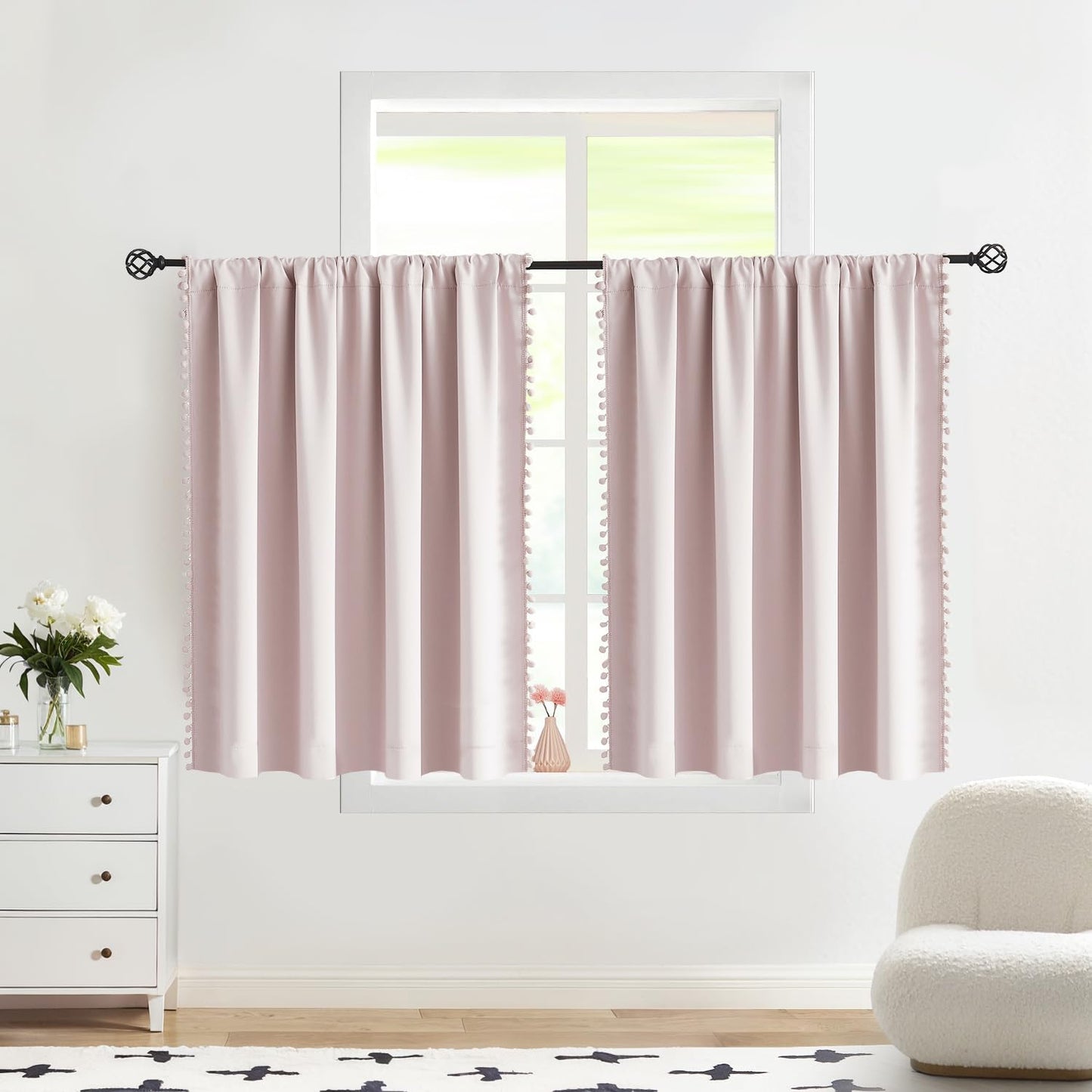 Pink Blackout Curtains with Sheer Overlay for Bedroom, Mix & Match Double Layer Pom Pom Curtains for Girl Nursery, Living Room, Rod Pocket Thermal Insulated Window Panels with Tiebacks 52W X 84L, 2pcs