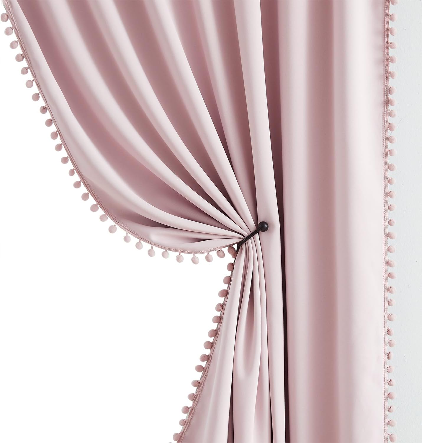 Pink Blackout Curtains with Sheer Overlay for Bedroom, Mix & Match Double Layer Pom Pom Curtains for Girl Nursery, Living Room, Rod Pocket Thermal Insulated Window Panels with Tiebacks 52W X 84L, 2pcs