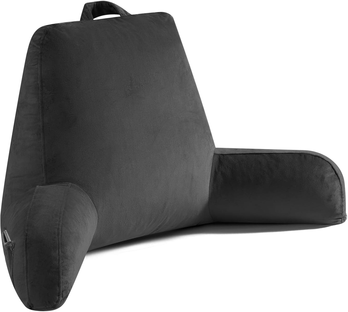 Reading Pillow for Sitting in Bed Adult, X-Large Reading Pillow with Shredded Memory Foam, Back Pillow for Sitting Up with Extend Arms, Pockets, Bed Pillow with Washable Cover, Grey