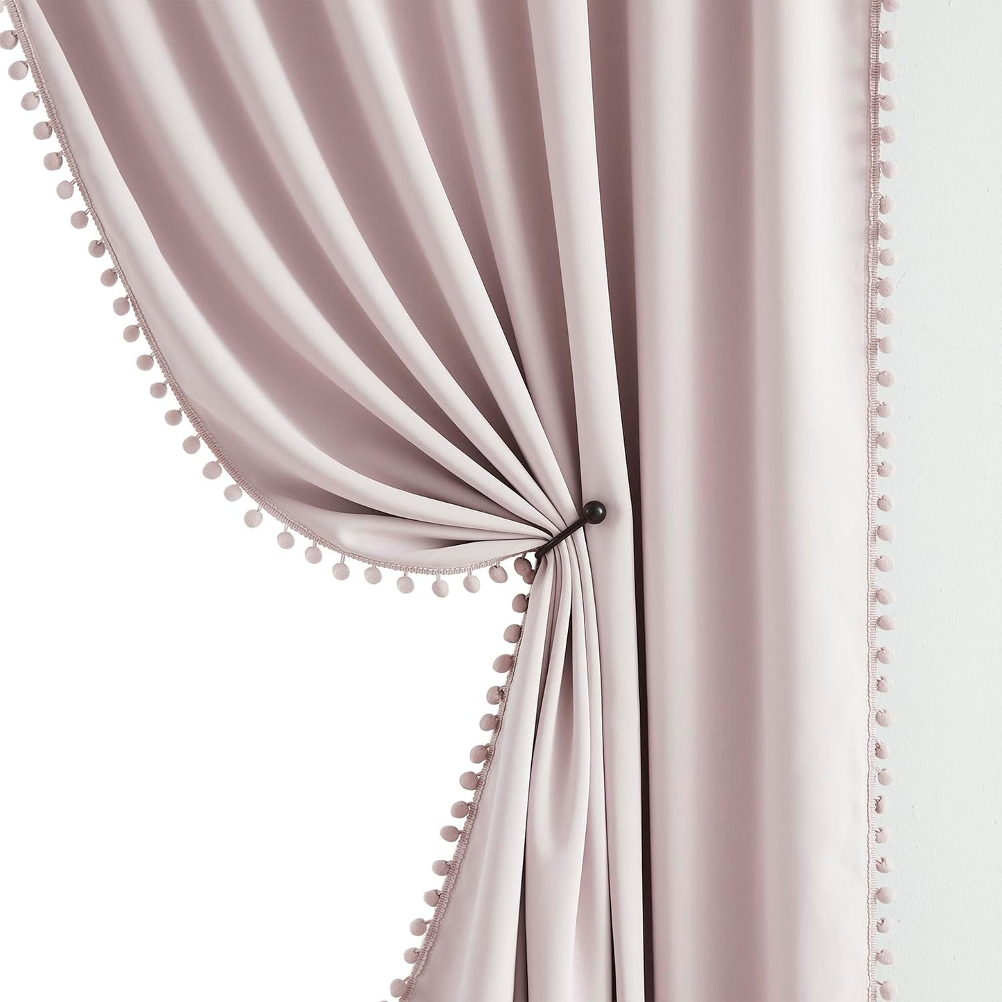 Pink Blackout Curtains with Sheer Overlay for Bedroom, Mix & Match Double Layer Pom Pom Curtains for Girl Nursery, Living Room, Rod Pocket Thermal Insulated Window Panels with Tiebacks 52W X 84L, 2pcs