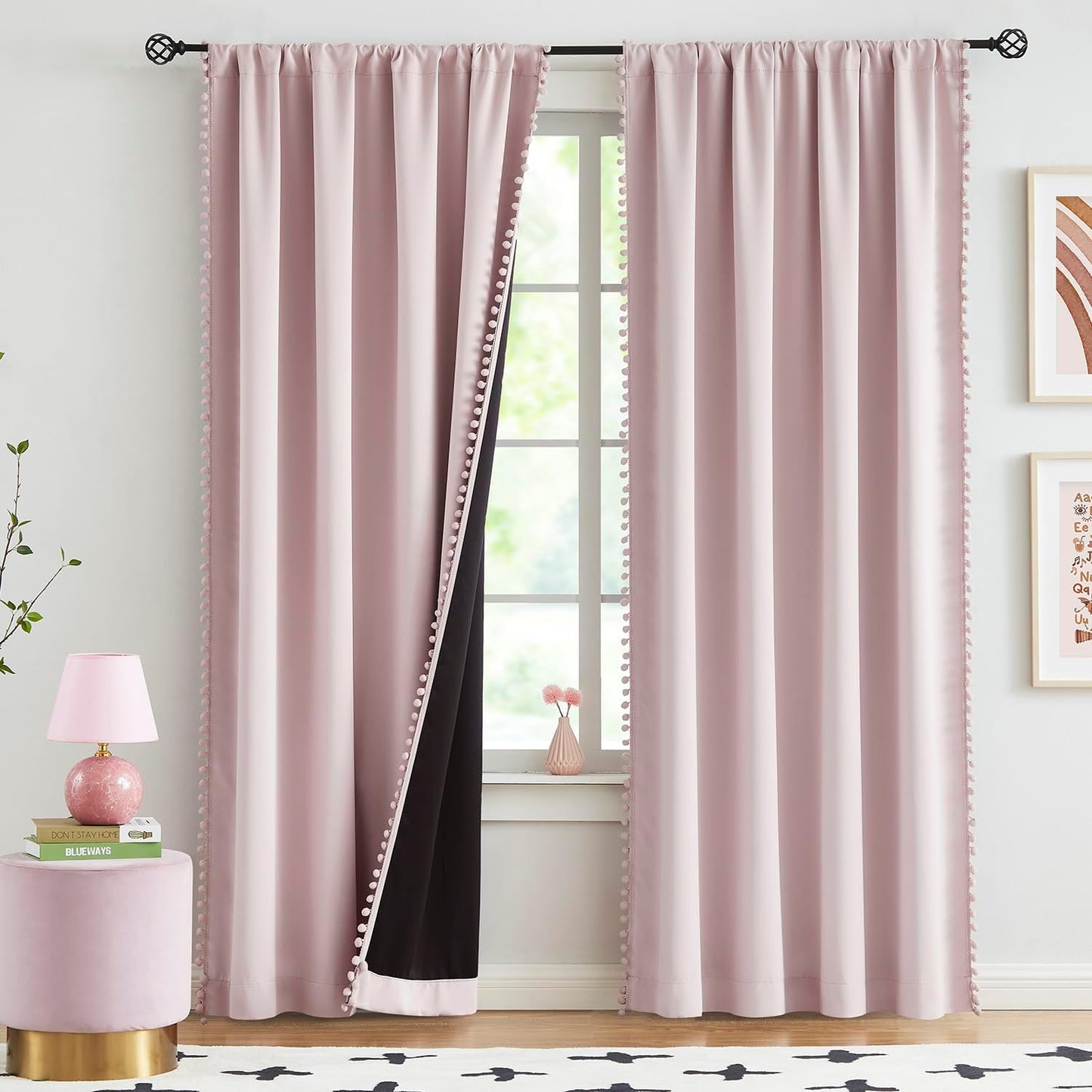 Pink Blackout Curtains with Sheer Overlay for Bedroom, Mix & Match Double Layer Pom Pom Curtains for Girl Nursery, Living Room, Rod Pocket Thermal Insulated Window Panels with Tiebacks 52W X 84L, 2pcs