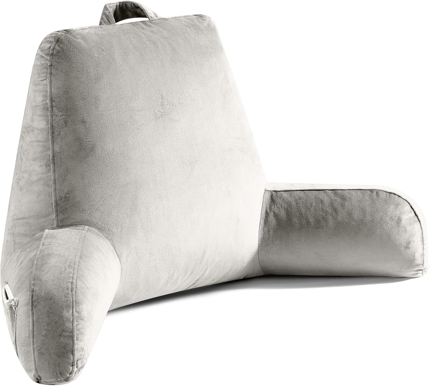 Reading Pillow for Sitting in Bed Adult, X-Large Reading Pillow with Shredded Memory Foam, Back Pillow for Sitting Up with Extend Arms, Pockets, Bed Pillow with Washable Cover, Grey