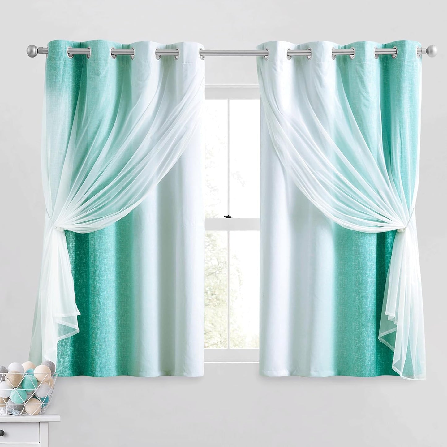 100% Blackout Curtains with Sheer Overlay Mix and Match Double Layer Drapes 84 Inch Long 2 Panels for Bedroom Living Room Pink White Ombre Grommet Window Treatment with Tiebacks