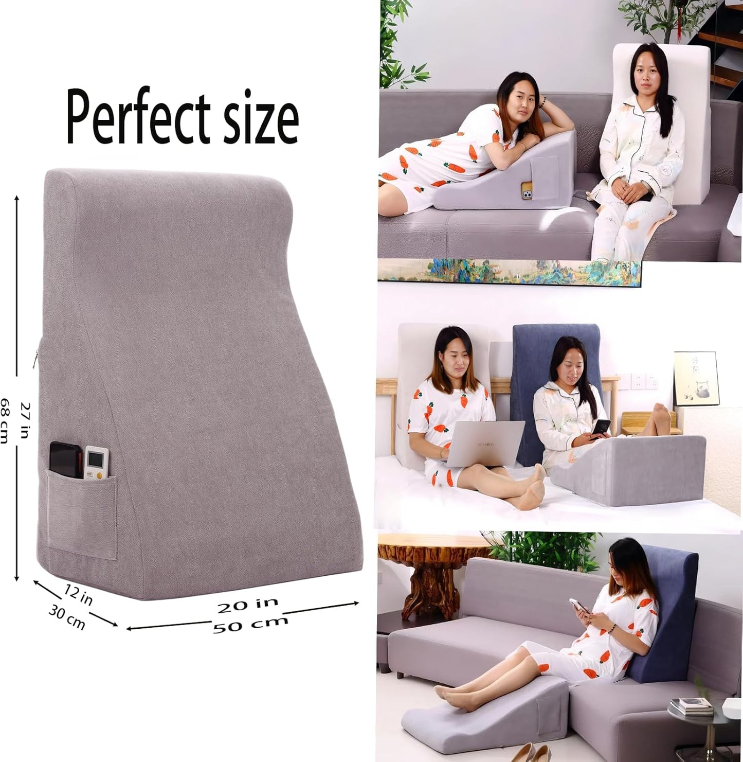 Bed Reading Pillow - Sofa Bed Wedge Pillow - Post-Op Recovery Backrest Pillow - Working Lumbar Support Reading Pillow with Removable Pillowcase Light Grey 27x20x12in