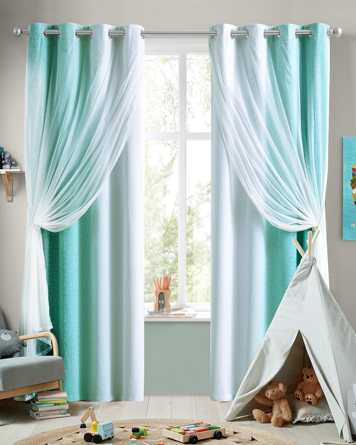 100% Blackout Curtains with Sheer Overlay Mix and Match Double Layer Drapes 84 Inch Long 2 Panels for Bedroom Living Room Pink White Ombre Grommet Window Treatment with Tiebacks