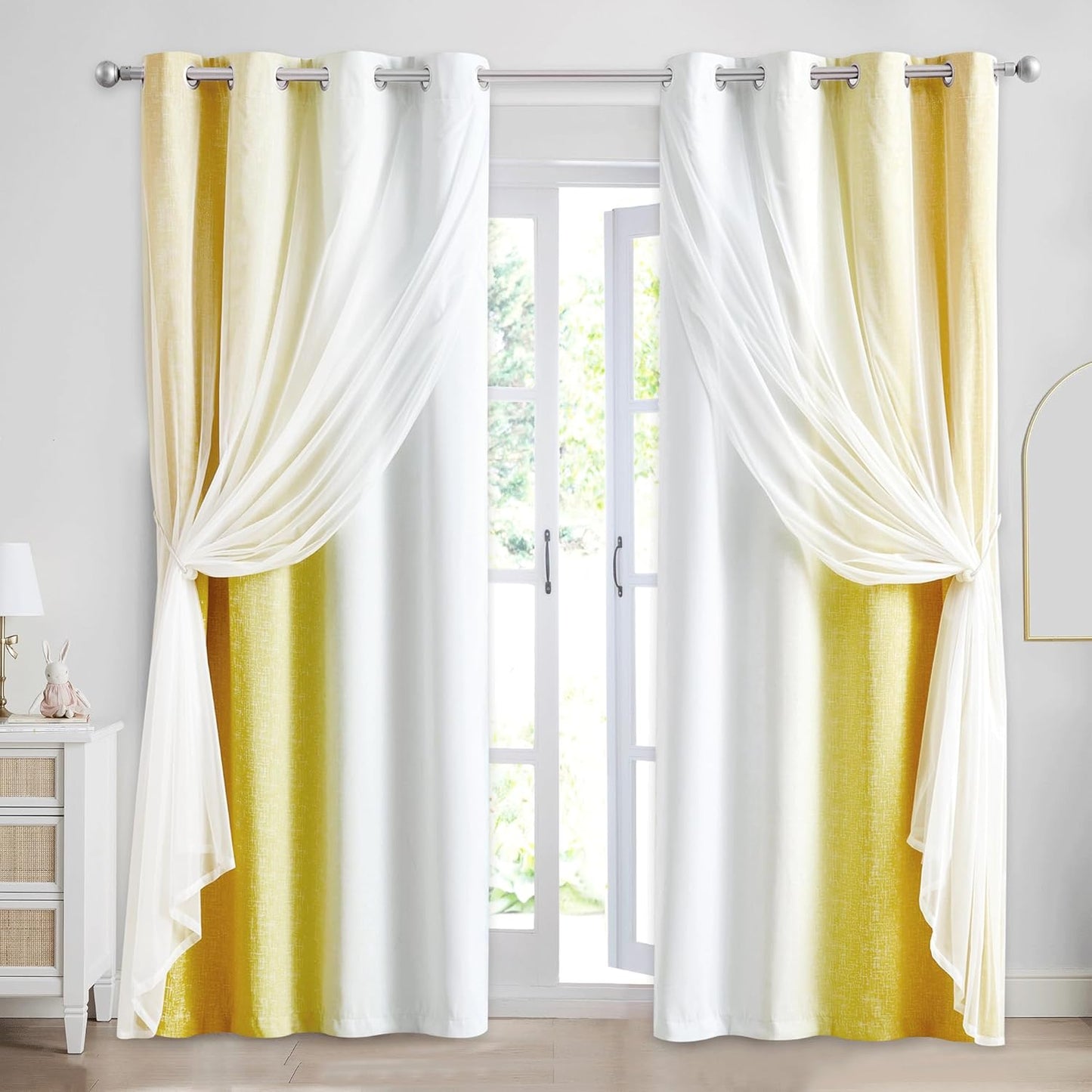 100% Blackout Curtains with Sheer Overlay Mix and Match Double Layer Drapes 84 Inch Long 2 Panels for Bedroom Living Room Pink White Ombre Grommet Window Treatment with Tiebacks