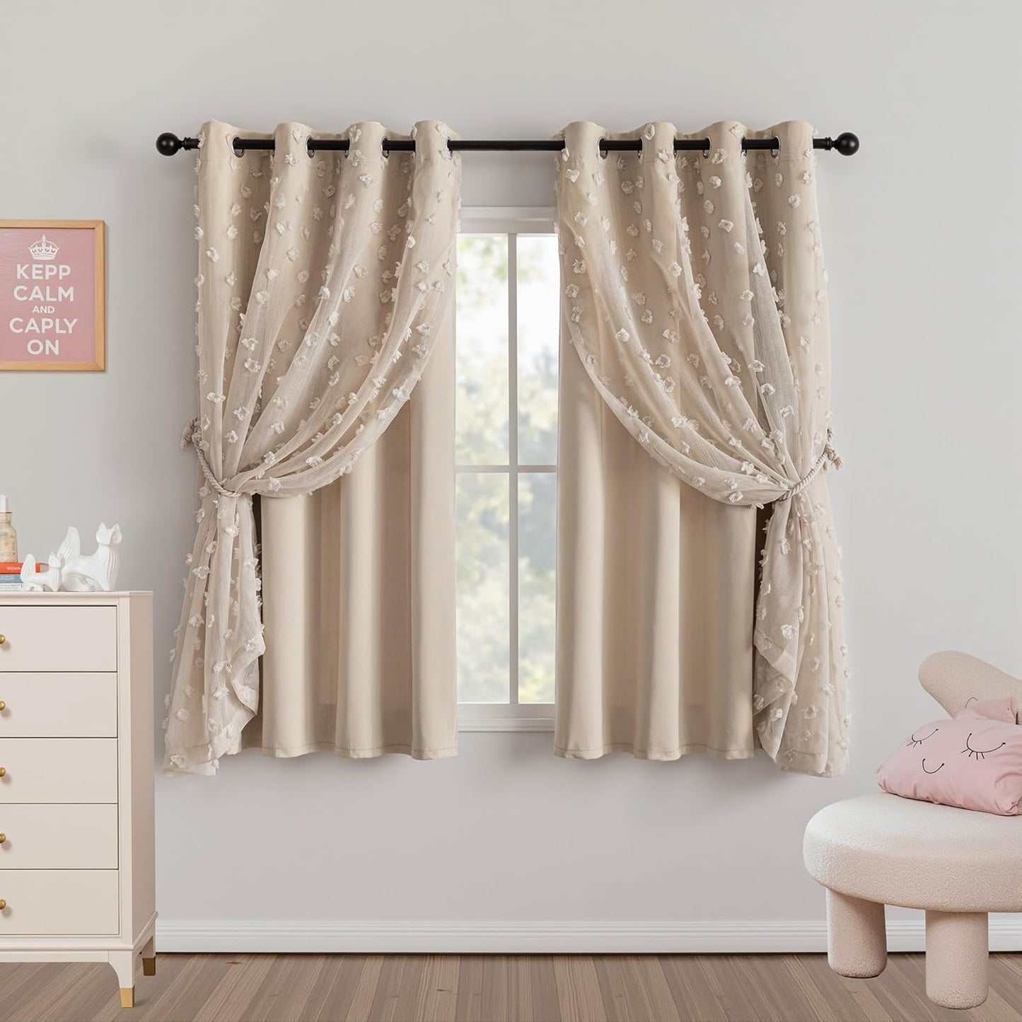 MYSKY HOME Pink Curtains for Girls Bedroom 84 Inches Long Blackout Nursery Curtains Double Layer Pom Pom Sheer Overlay Kids Toddler Room Decor Grommet Privacy Room Darkening Window Drapes 52 x 84 Inch