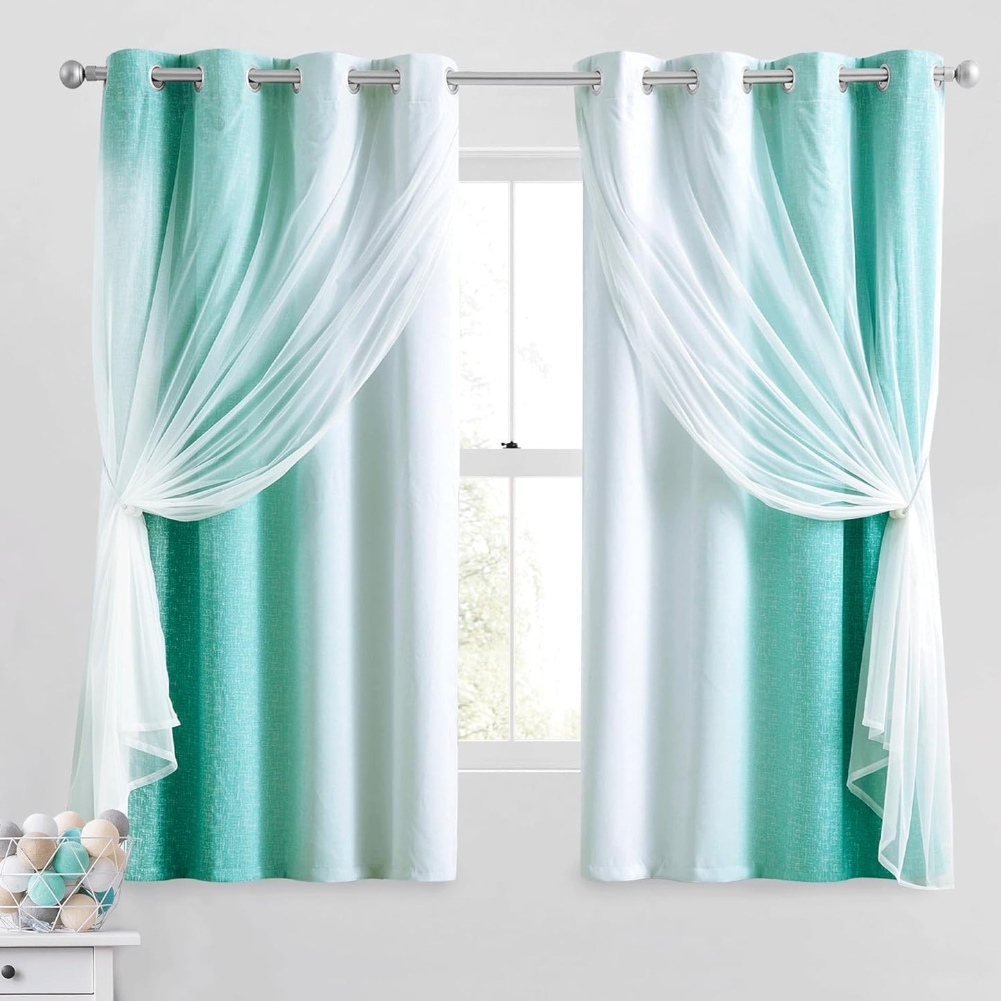 100% Blackout Curtains with Sheer Overlay Mix and Match Double Layer Drapes 84 Inch Long 2 Panels for Bedroom Living Room Pink White Ombre Grommet Window Treatment with Tiebacks