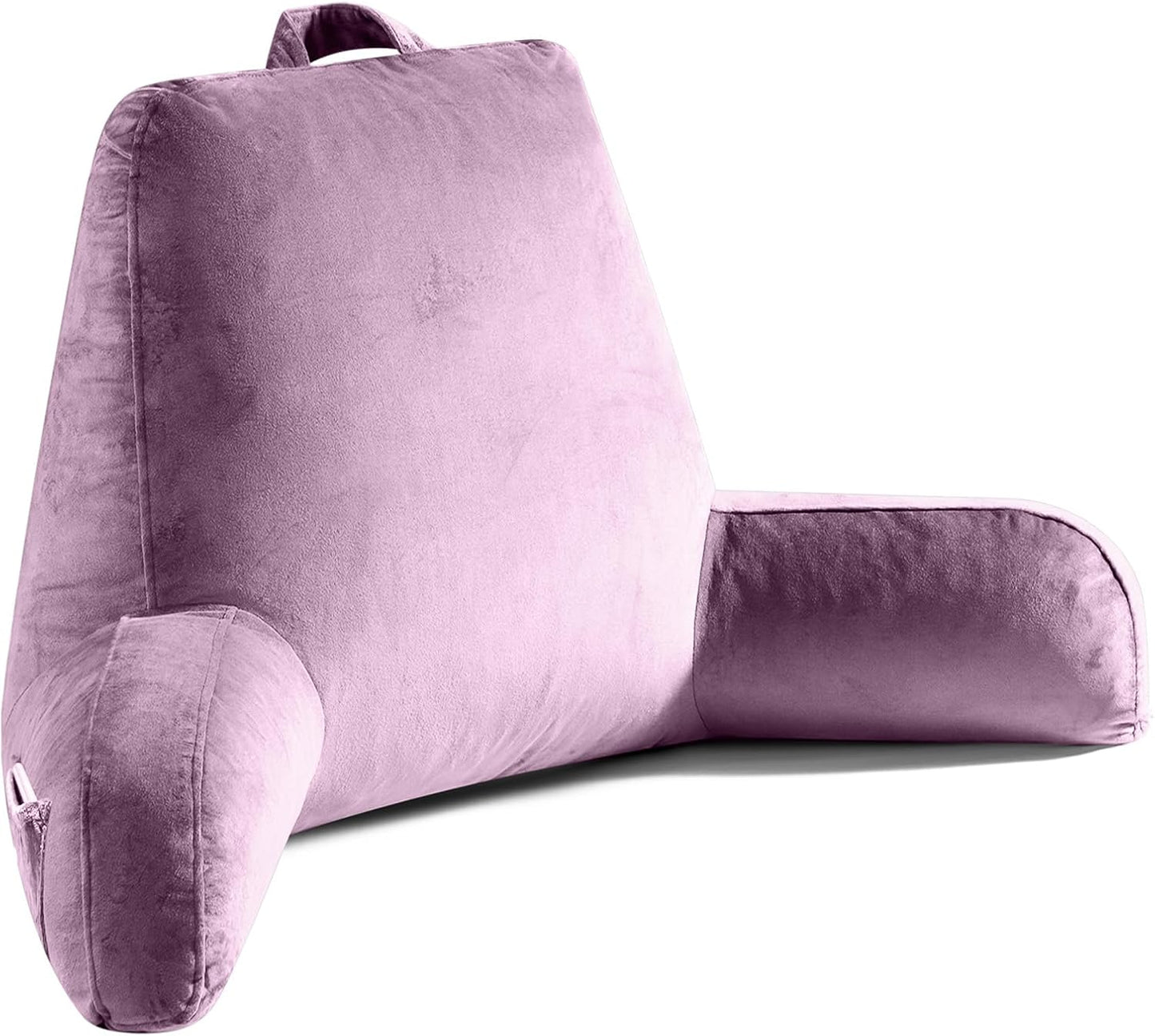 Reading Pillow for Sitting in Bed Adult, X-Large Reading Pillow with Shredded Memory Foam, Back Pillow for Sitting Up with Extend Arms, Pockets, Bed Pillow with Washable Cover, Grey