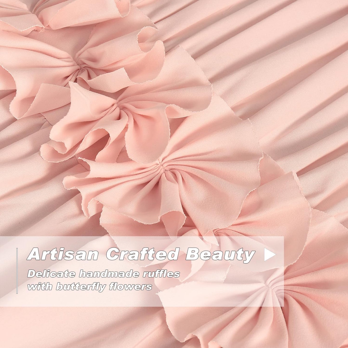 Luxurious Peach Pink Blackout Curtains with 3 Rows of Handmade Butterfly Flower Ruffles, Room Darkening and Soundproof Window Curtain 54" x 84", 2 Panels, Machine Washable (LQ-37)