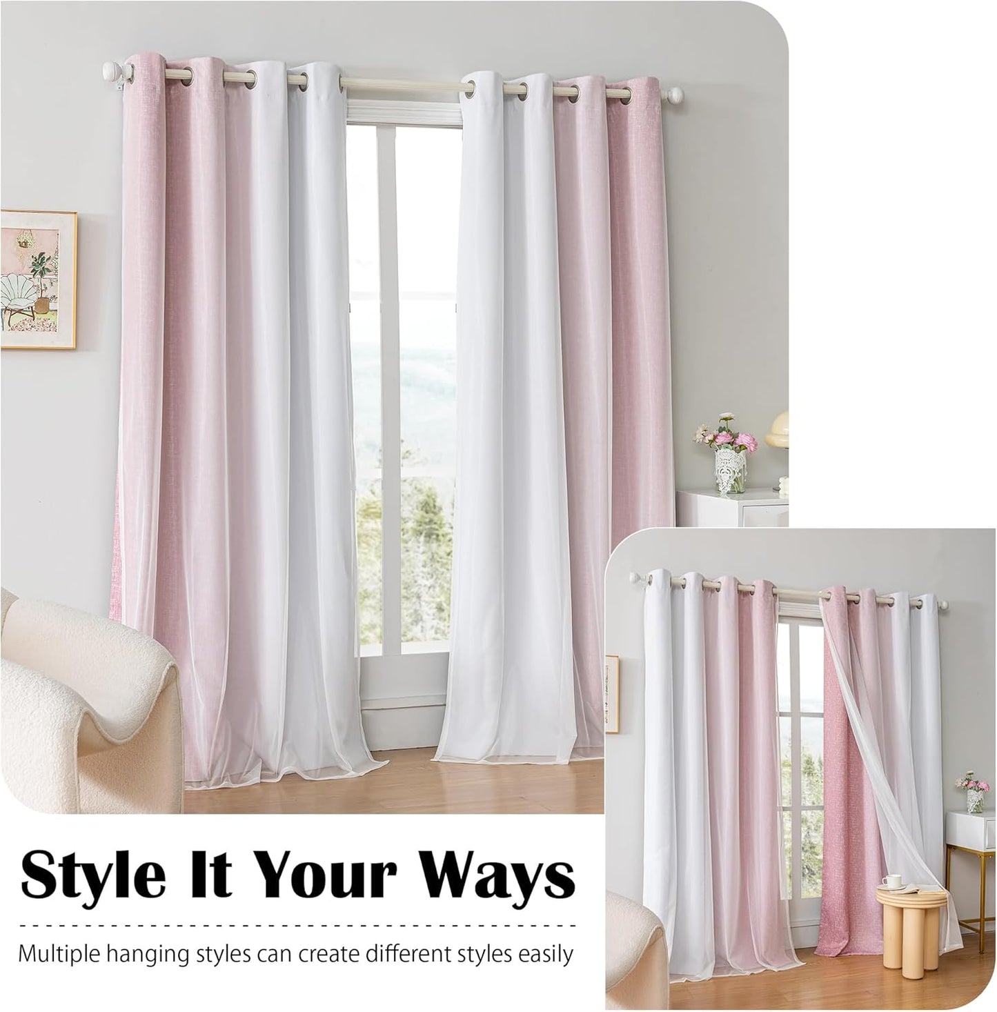 100% Blackout Curtains with Sheer Overlay Mix and Match Double Layer Drapes 84 Inch Long 2 Panels for Bedroom Living Room Pink White Ombre Grommet Window Treatment with Tiebacks