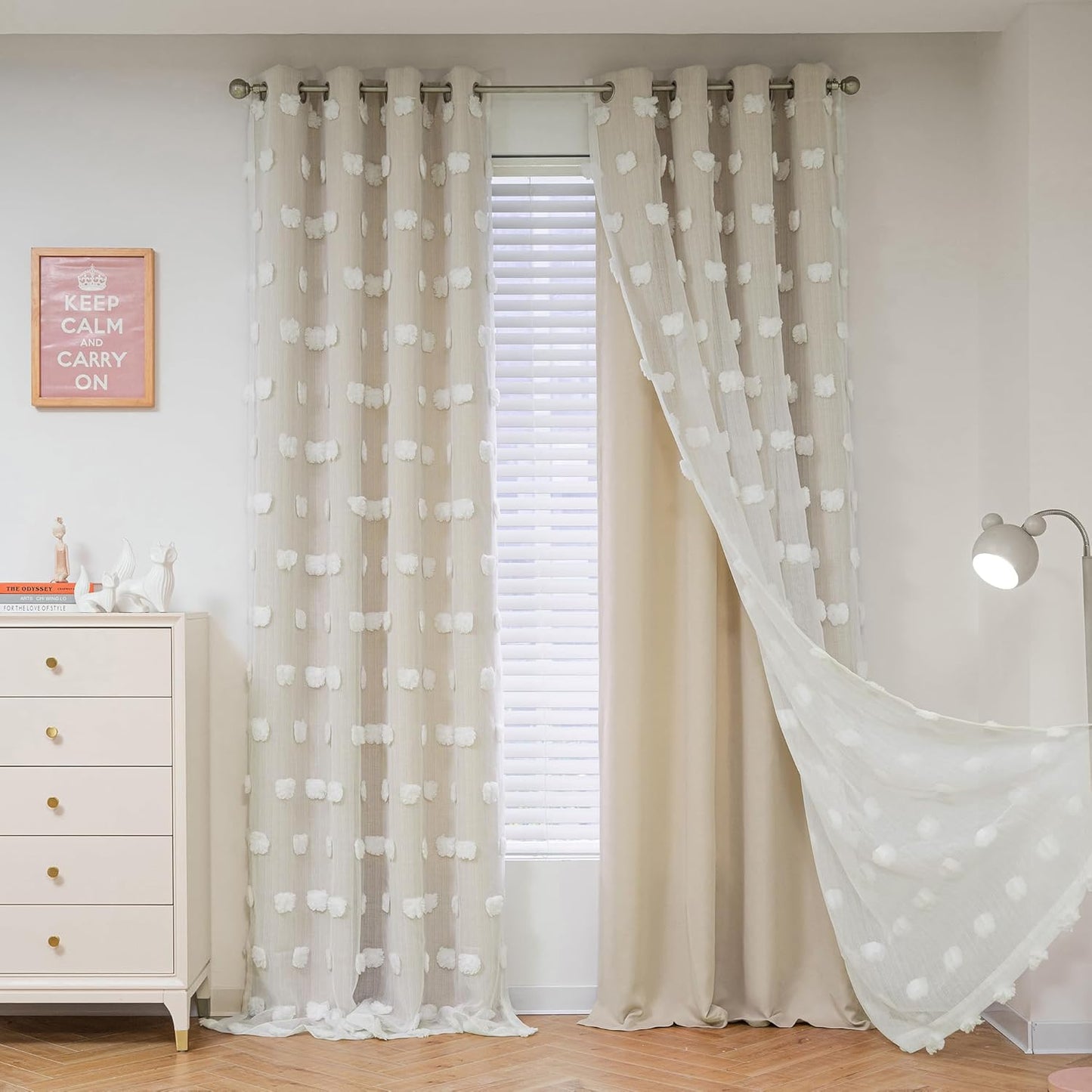 MYSKY HOME Pink Curtains for Girls Bedroom 84 Inches Long Blackout Nursery Curtains Double Layer Pom Pom Sheer Overlay Kids Toddler Room Decor Grommet Privacy Room Darkening Window Drapes 52 x 84 Inch