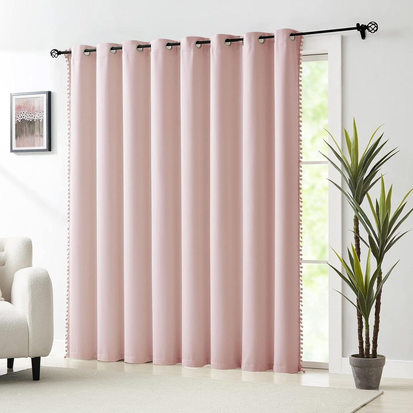 Pink Blackout Curtains with Sheer Overlay for Bedroom, Mix & Match Double Layer Pom Pom Curtains for Girl Nursery, Living Room, Rod Pocket Thermal Insulated Window Panels with Tiebacks 52W X 84L, 2pcs