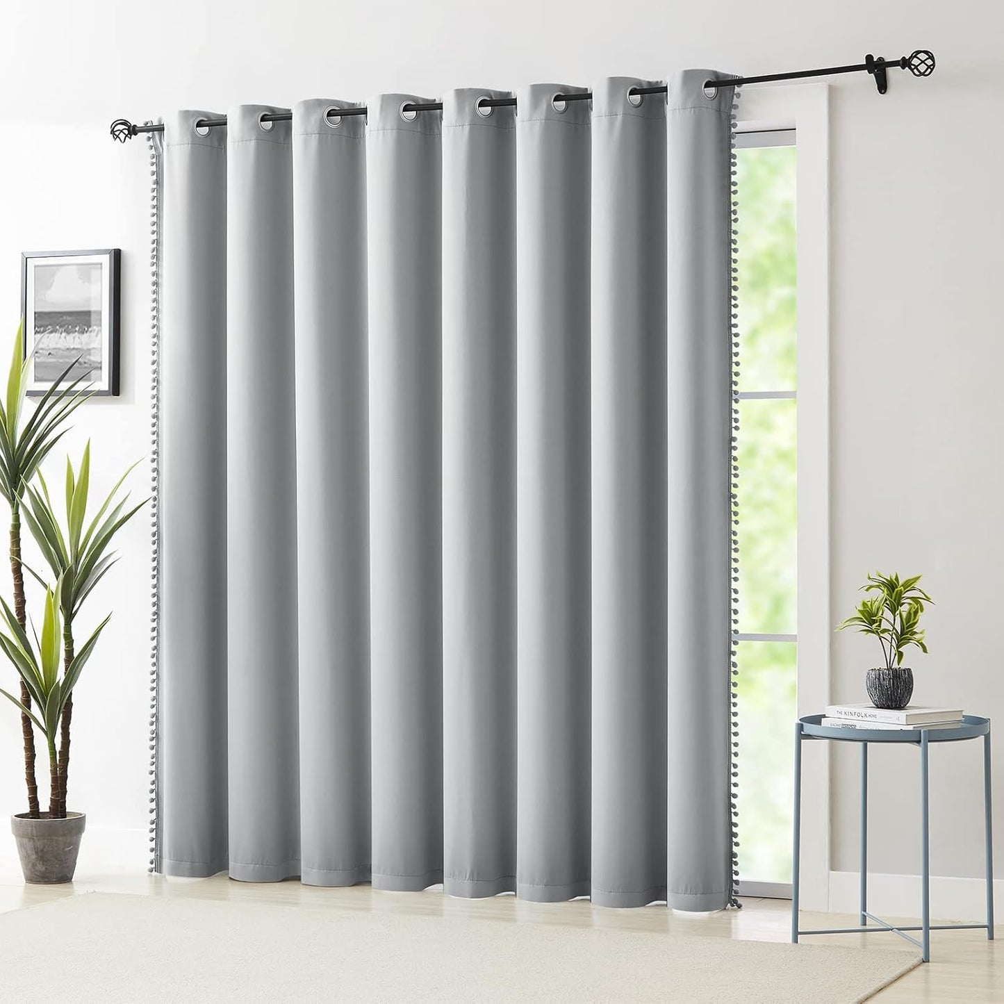 Pink Blackout Curtains with Sheer Overlay for Bedroom, Mix & Match Double Layer Pom Pom Curtains for Girl Nursery, Living Room, Rod Pocket Thermal Insulated Window Panels with Tiebacks 52W X 84L, 2pcs