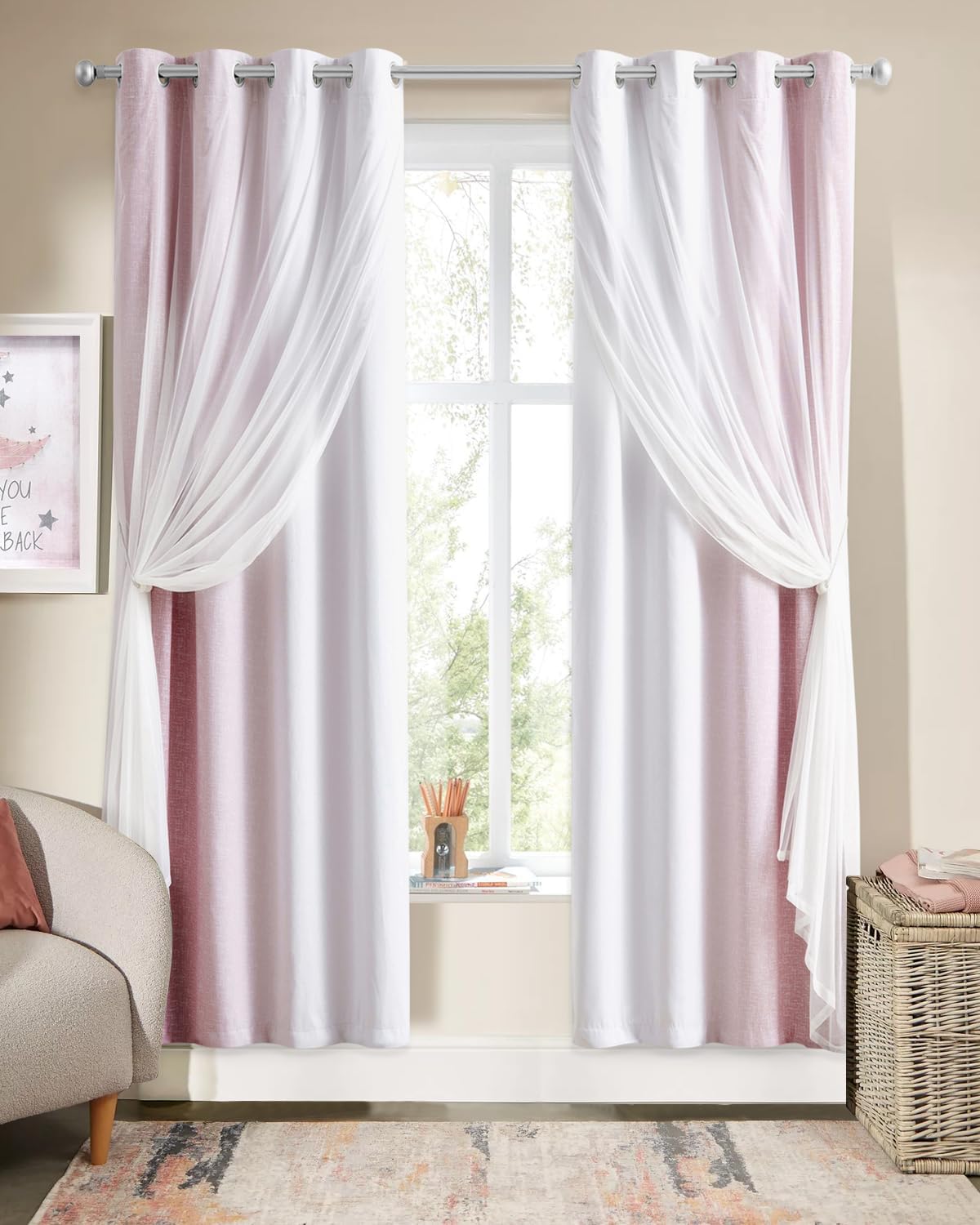 100% Blackout Curtains with Sheer Overlay Mix and Match Double Layer Drapes 84 Inch Long 2 Panels for Bedroom Living Room Pink White Ombre Grommet Window Treatment with Tiebacks