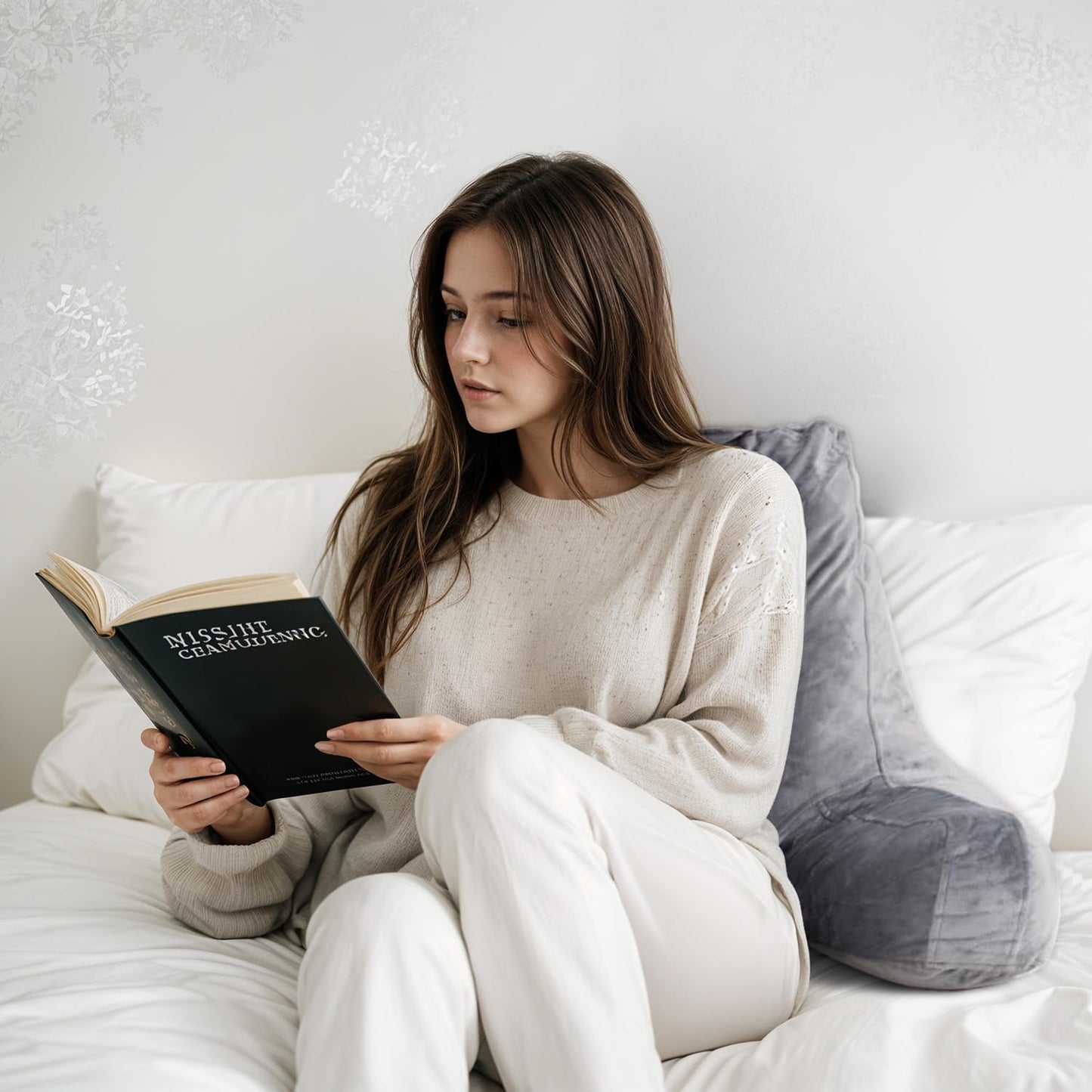 Reading Pillow for Sitting in Bed Adult, X-Large Reading Pillow with Shredded Memory Foam, Back Pillow for Sitting Up with Extend Arms, Pockets, Bed Pillow with Washable Cover, Grey