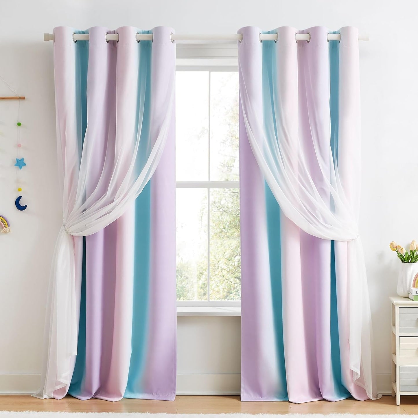100% Blackout Curtains with Sheer Overlay Mix and Match Double Layer Drapes 84 Inch Long 2 Panels for Bedroom Living Room Pink White Ombre Grommet Window Treatment with Tiebacks