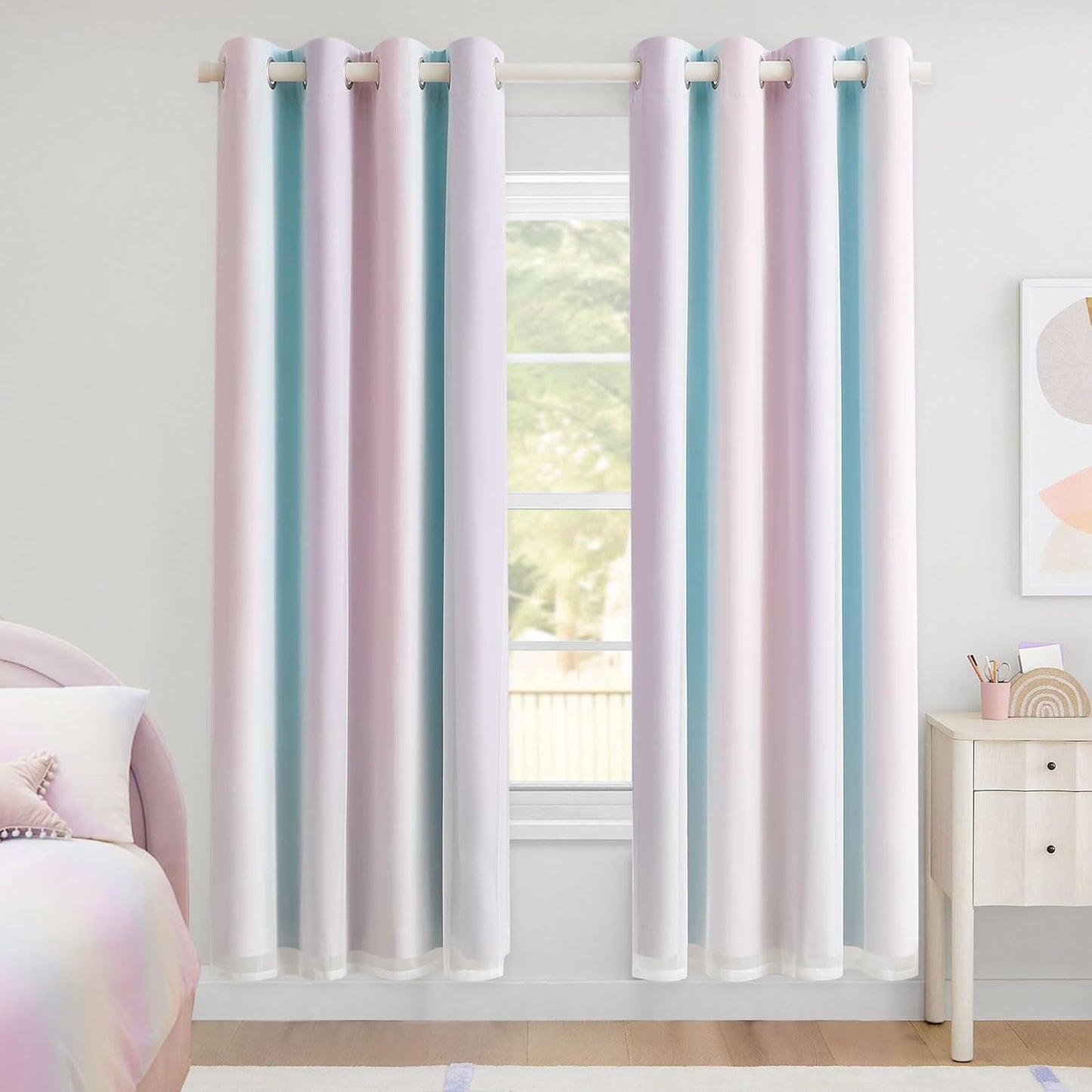 100% Blackout Curtains with Sheer Overlay Mix and Match Double Layer Drapes 84 Inch Long 2 Panels for Bedroom Living Room Pink White Ombre Grommet Window Treatment with Tiebacks