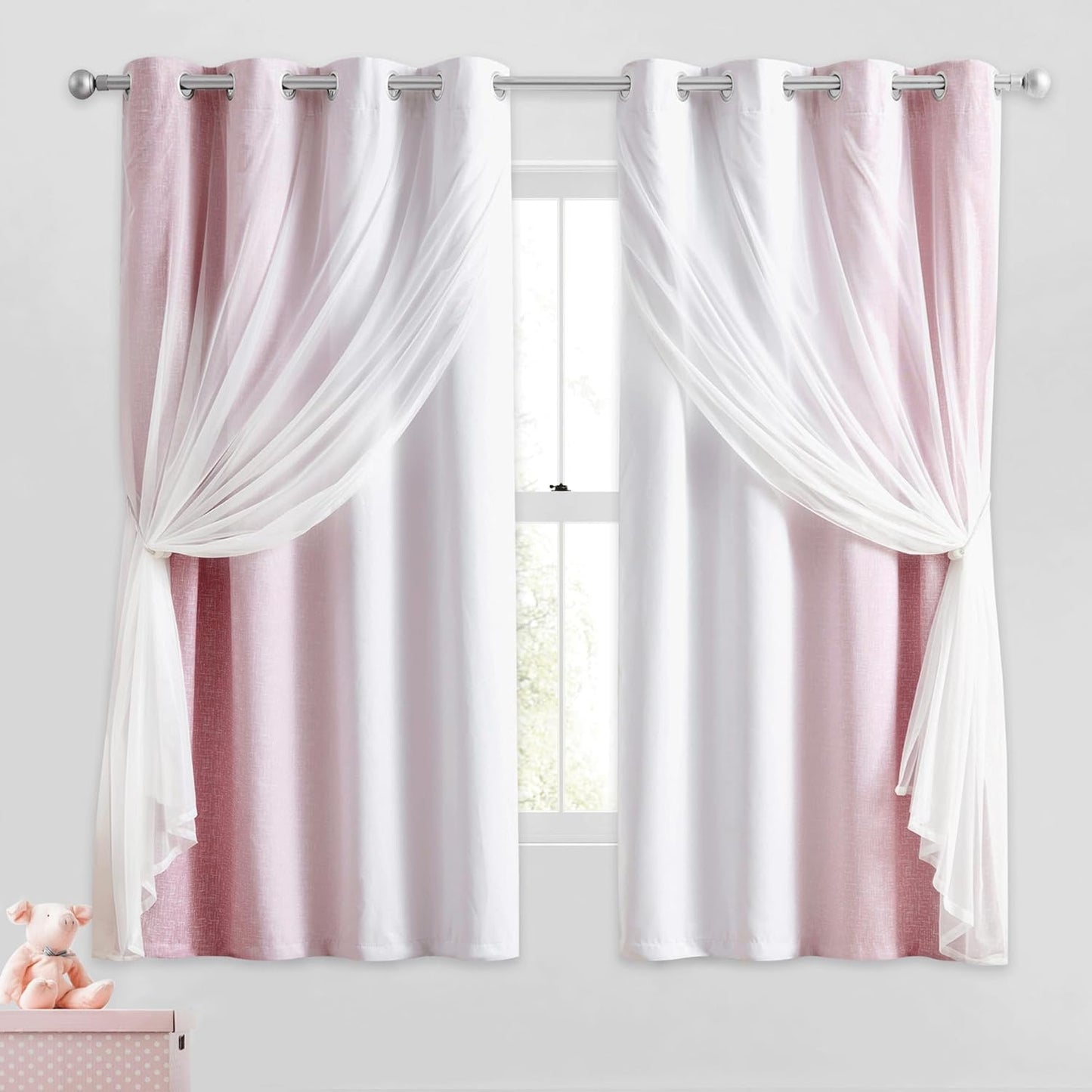 100% Blackout Curtains with Sheer Overlay Mix and Match Double Layer Drapes 84 Inch Long 2 Panels for Bedroom Living Room Pink White Ombre Grommet Window Treatment with Tiebacks