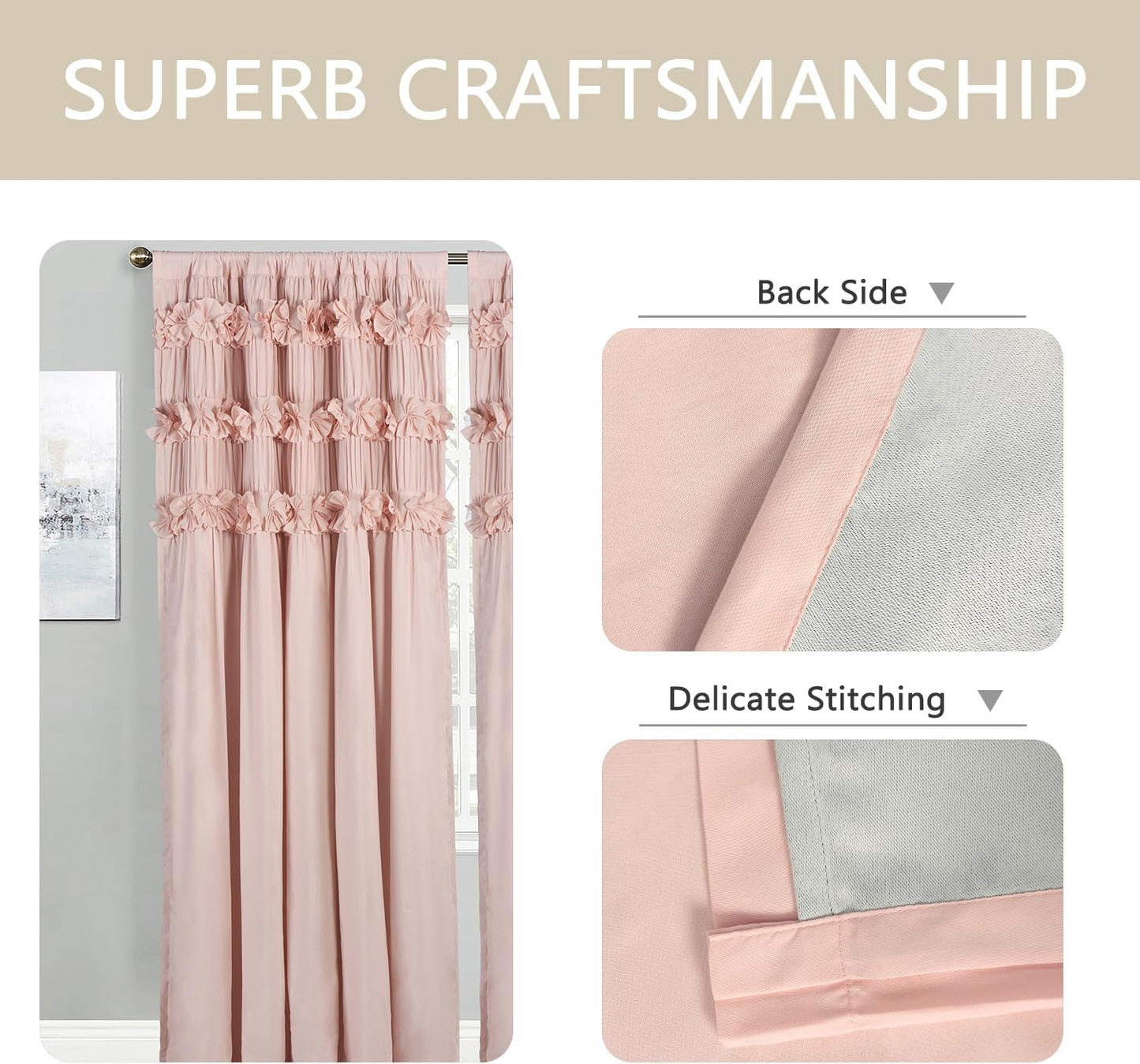 Luxurious Peach Pink Blackout Curtains with 3 Rows of Handmade Butterfly Flower Ruffles, Room Darkening and Soundproof Window Curtain 54" x 84", 2 Panels, Machine Washable (LQ-37)