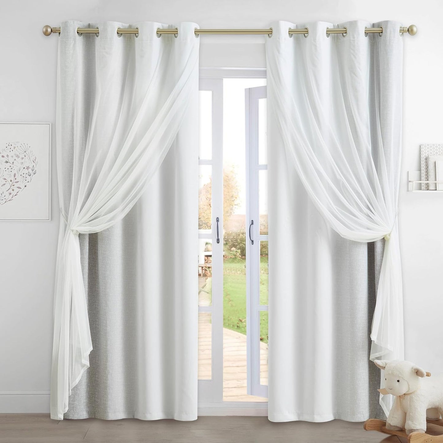 100% Blackout Curtains with Sheer Overlay Mix and Match Double Layer Drapes 84 Inch Long 2 Panels for Bedroom Living Room Pink White Ombre Grommet Window Treatment with Tiebacks