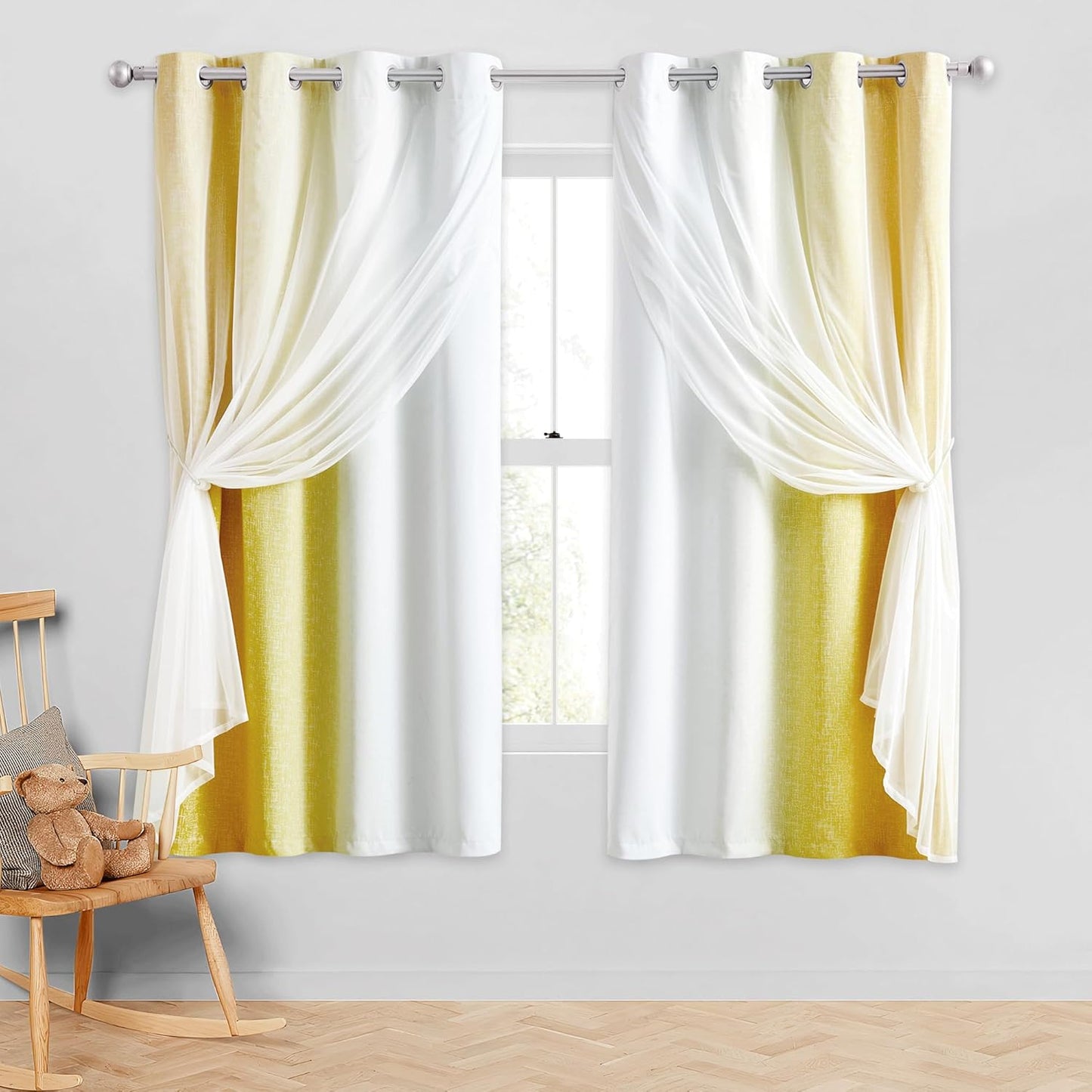 100% Blackout Curtains with Sheer Overlay Mix and Match Double Layer Drapes 84 Inch Long 2 Panels for Bedroom Living Room Pink White Ombre Grommet Window Treatment with Tiebacks