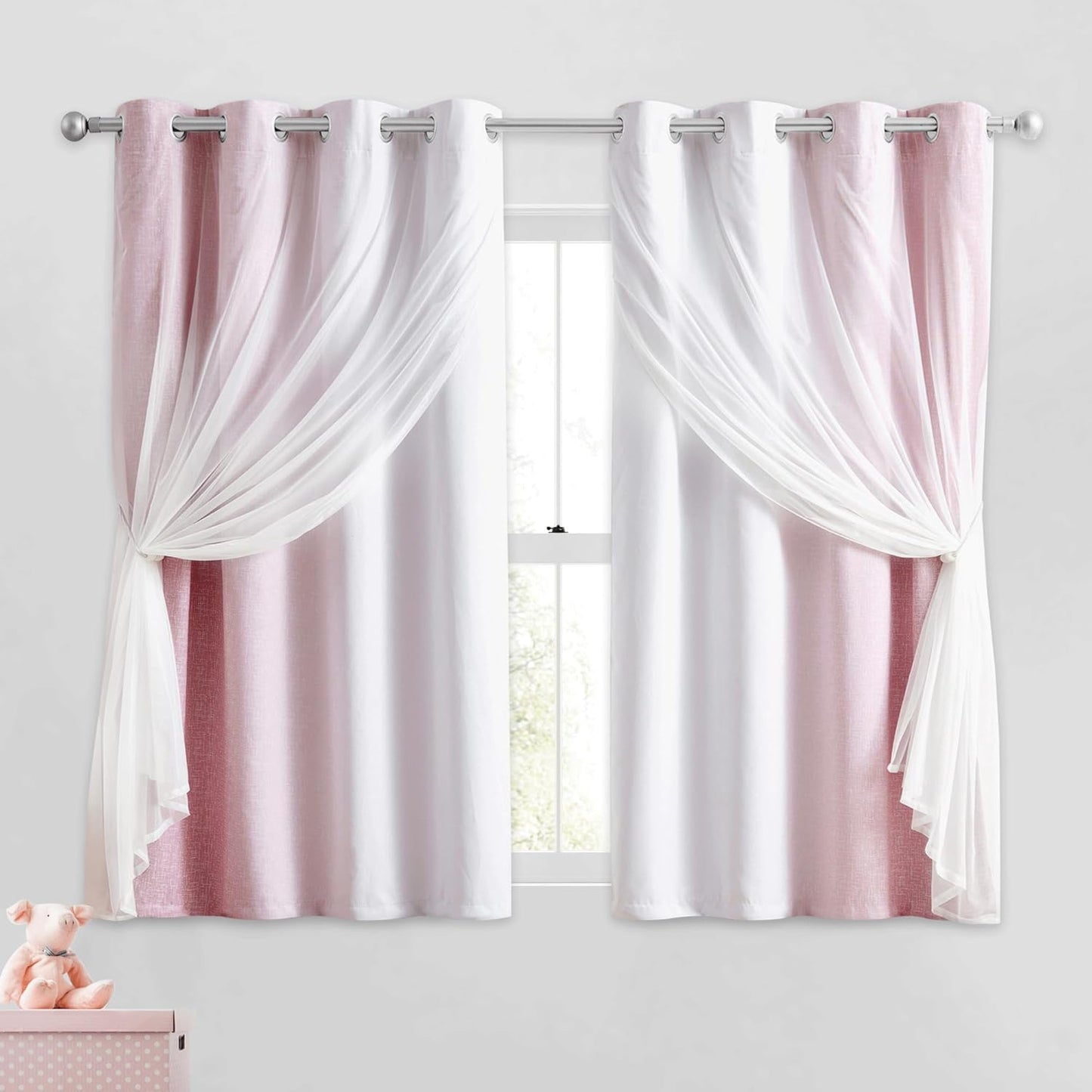 100% Blackout Curtains with Sheer Overlay Mix and Match Double Layer Drapes 84 Inch Long 2 Panels for Bedroom Living Room Pink White Ombre Grommet Window Treatment with Tiebacks