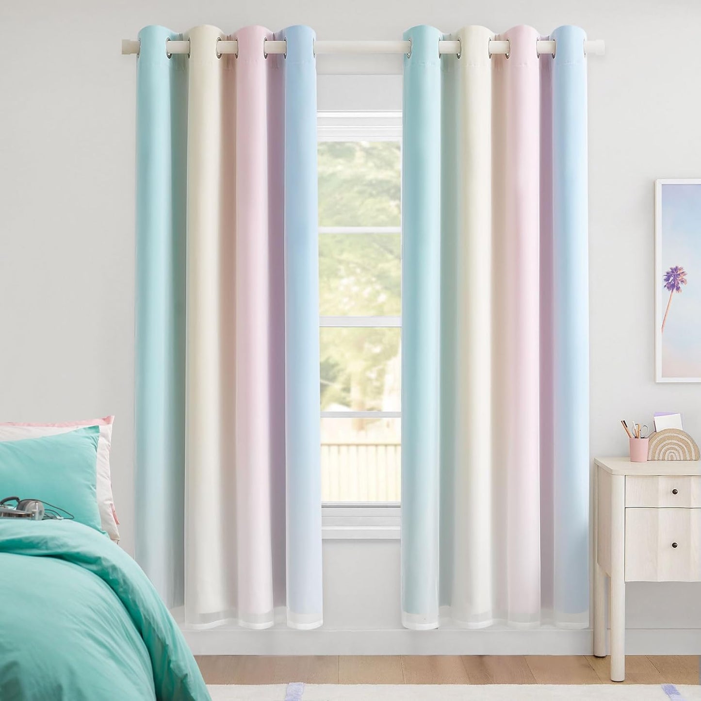 100% Blackout Curtains with Sheer Overlay Mix and Match Double Layer Drapes 84 Inch Long 2 Panels for Bedroom Living Room Pink White Ombre Grommet Window Treatment with Tiebacks