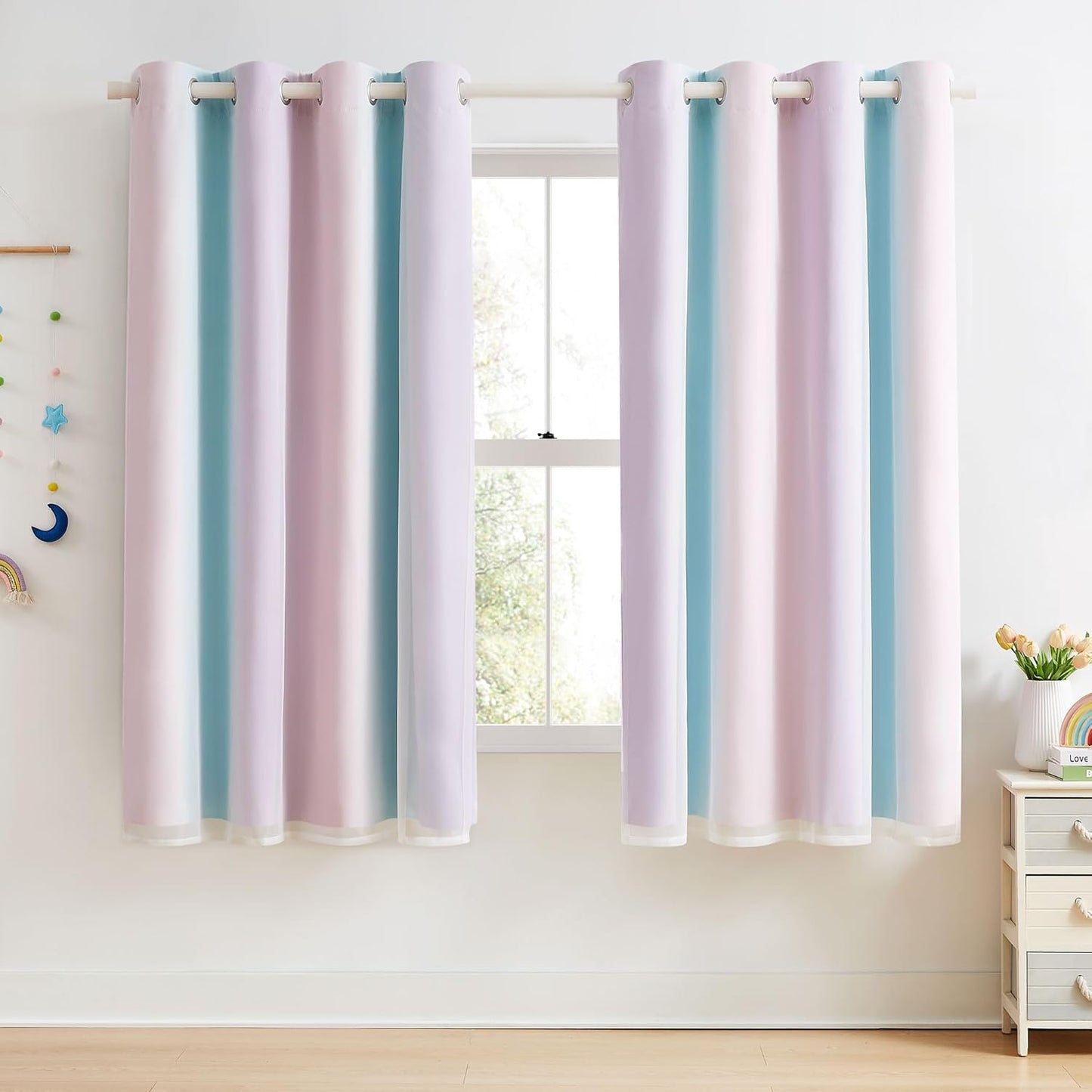 100% Blackout Curtains with Sheer Overlay Mix and Match Double Layer Drapes 84 Inch Long 2 Panels for Bedroom Living Room Pink White Ombre Grommet Window Treatment with Tiebacks