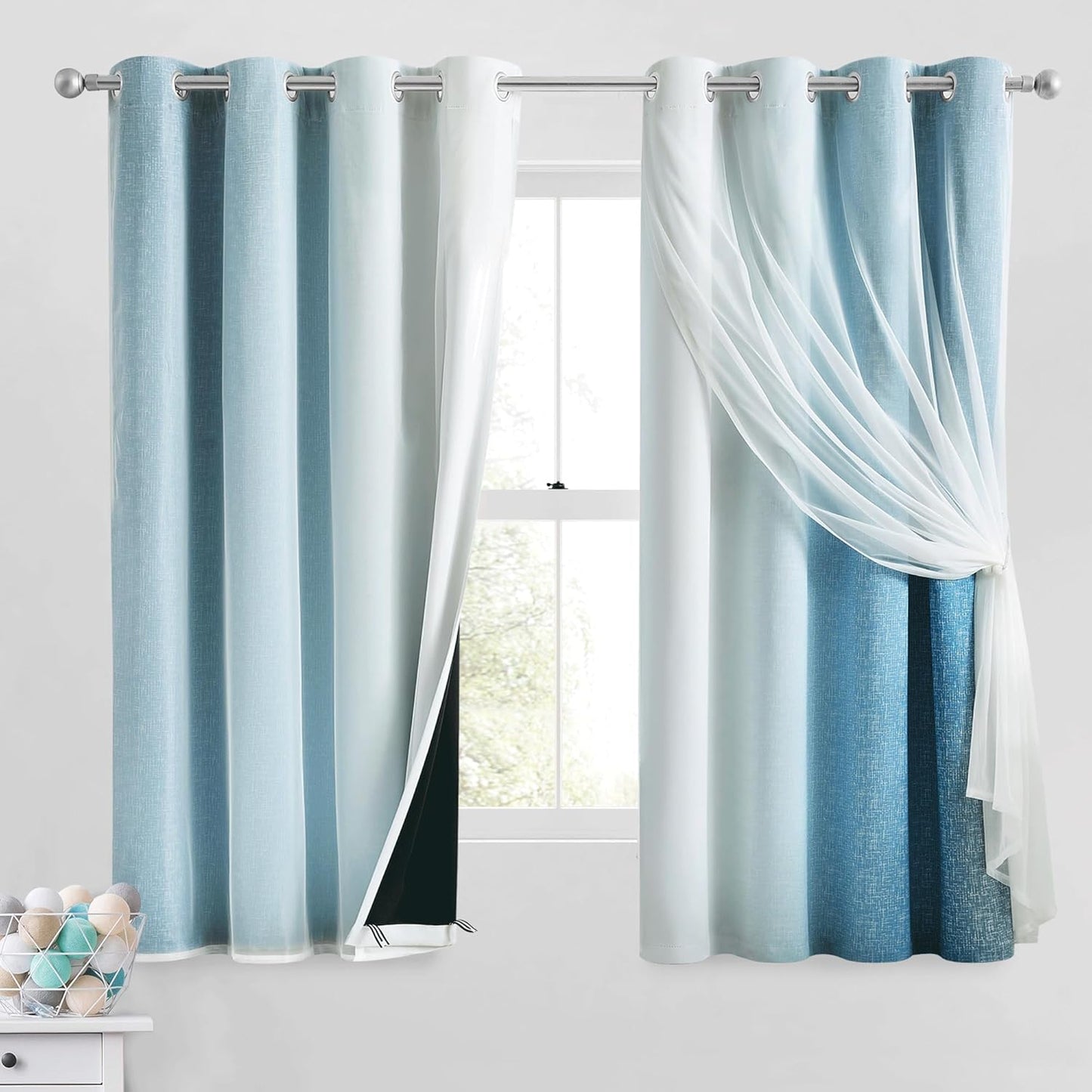 100% Blackout Curtains with Sheer Overlay Mix and Match Double Layer Drapes 84 Inch Long 2 Panels for Bedroom Living Room Pink White Ombre Grommet Window Treatment with Tiebacks