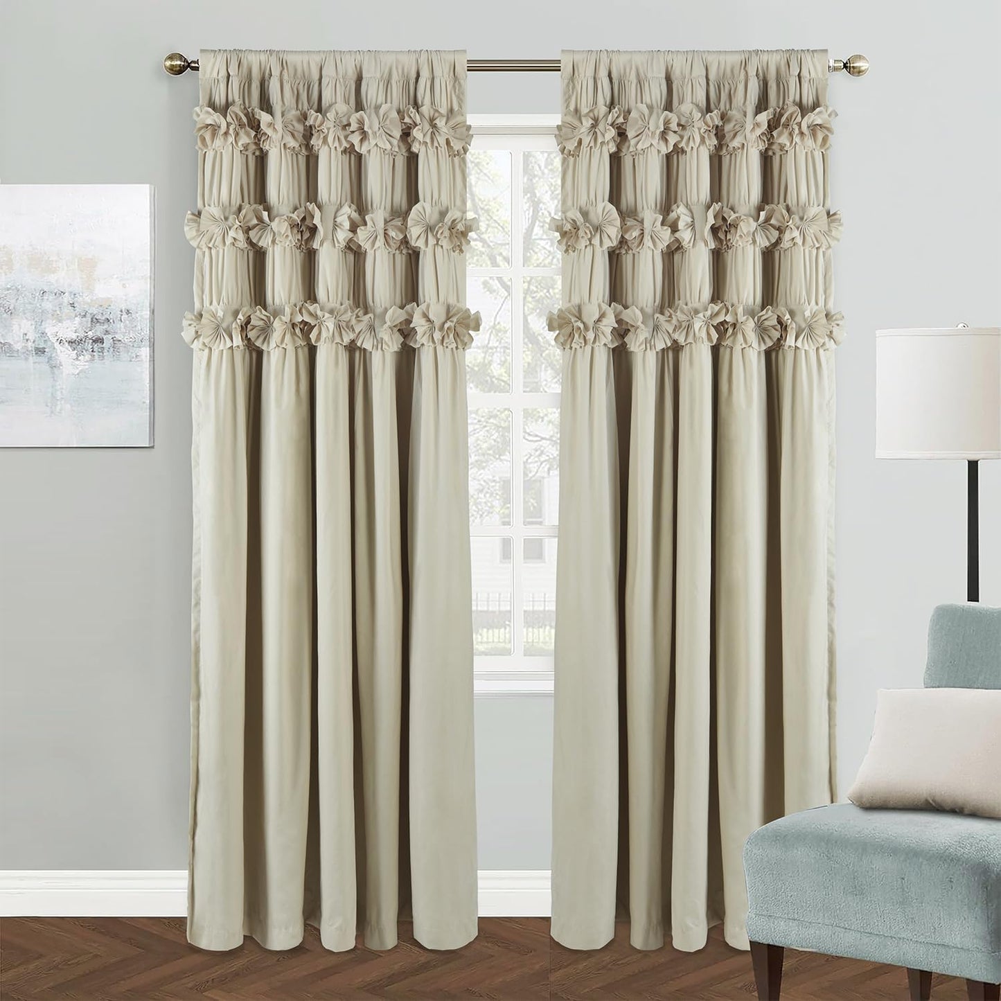 Luxurious Peach Pink Blackout Curtains with 3 Rows of Handmade Butterfly Flower Ruffles, Room Darkening and Soundproof Window Curtain 54" x 84", 2 Panels, Machine Washable (LQ-37)