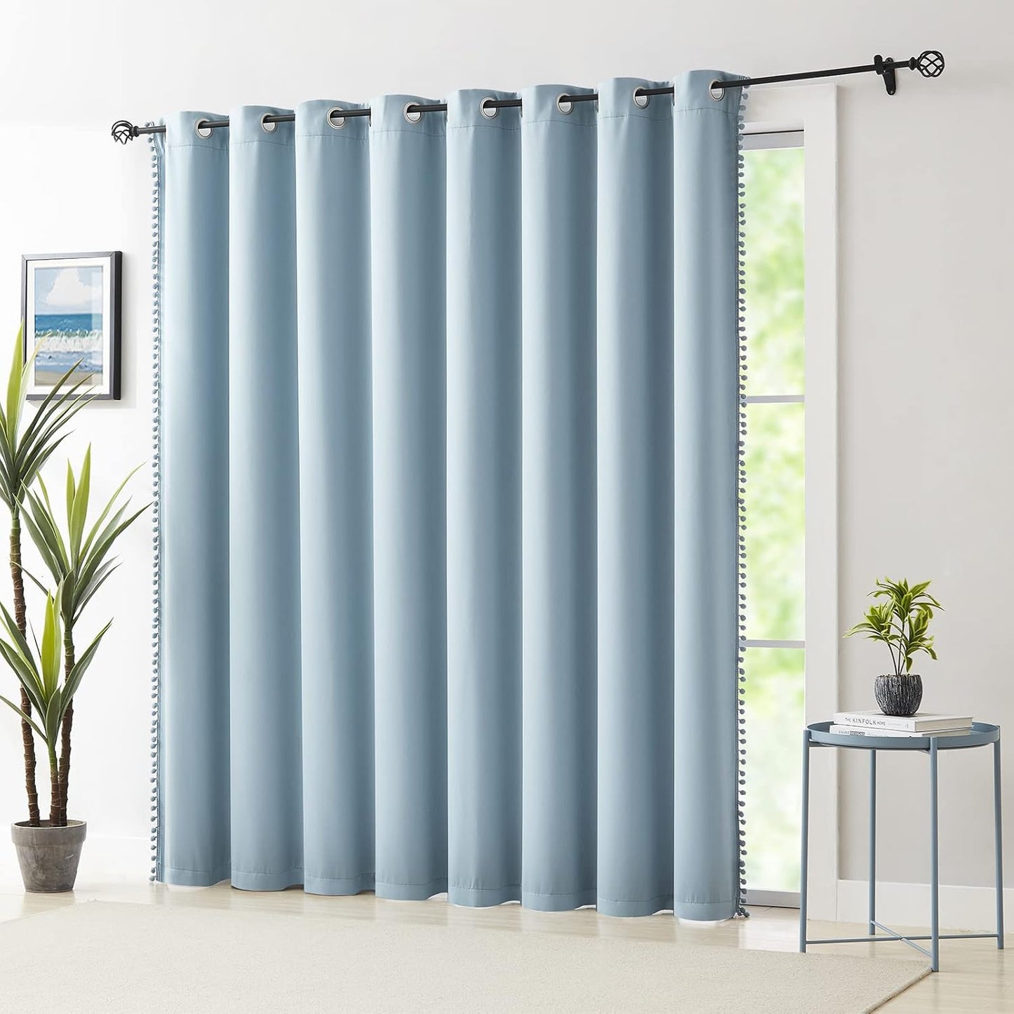 Pink Blackout Curtains with Sheer Overlay for Bedroom, Mix & Match Double Layer Pom Pom Curtains for Girl Nursery, Living Room, Rod Pocket Thermal Insulated Window Panels with Tiebacks 52W X 84L, 2pcs