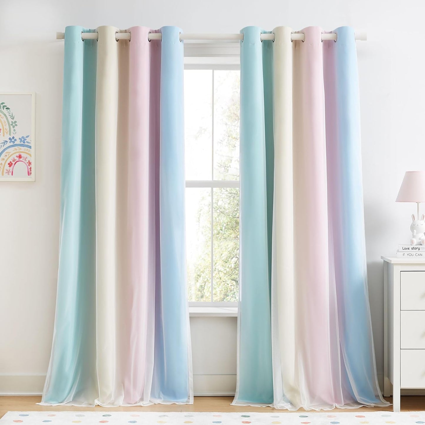 100% Blackout Curtains with Sheer Overlay Mix and Match Double Layer Drapes 84 Inch Long 2 Panels for Bedroom Living Room Pink White Ombre Grommet Window Treatment with Tiebacks