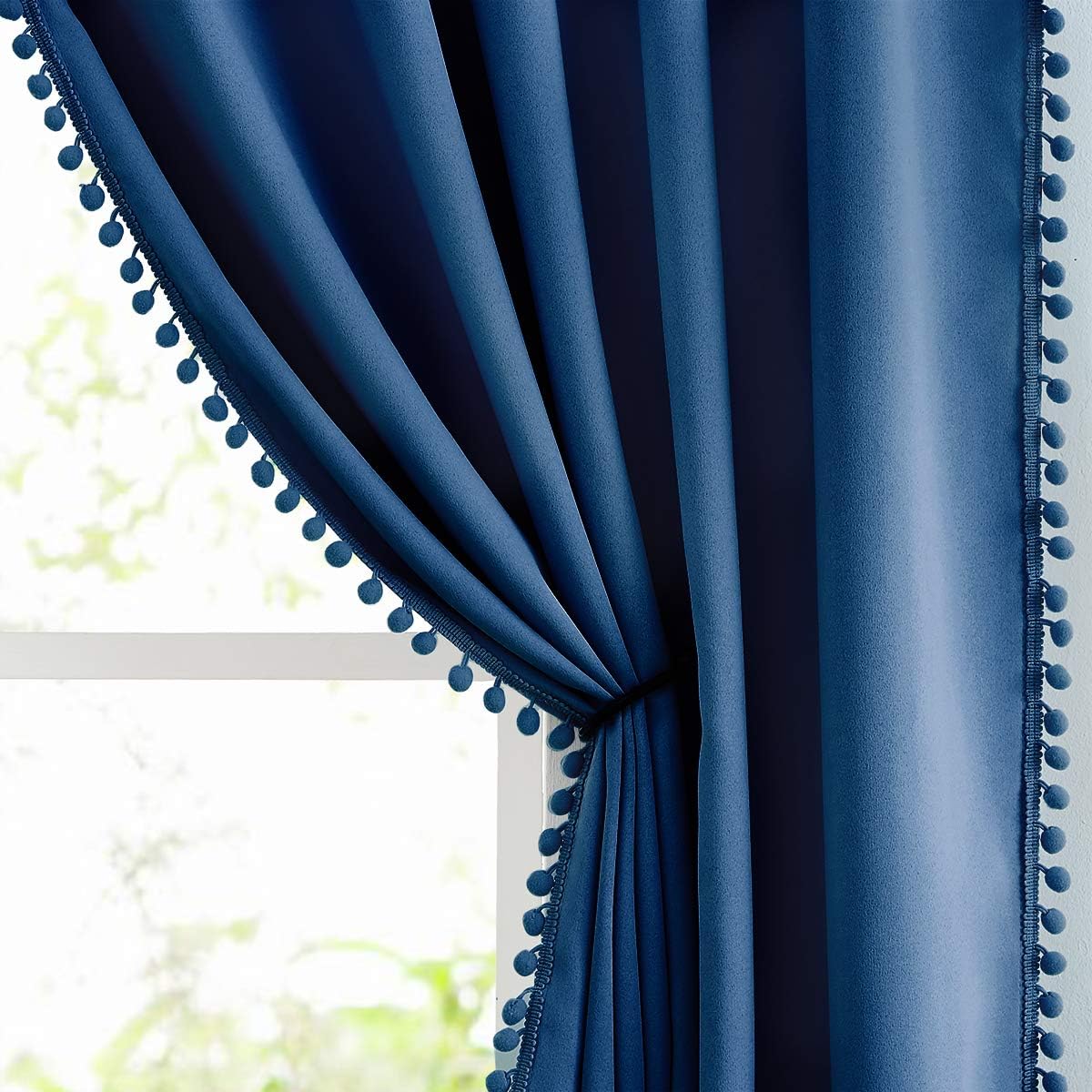 Pink Blackout Curtains with Sheer Overlay for Bedroom, Mix & Match Double Layer Pom Pom Curtains for Girl Nursery, Living Room, Rod Pocket Thermal Insulated Window Panels with Tiebacks 52W X 84L, 2pcs