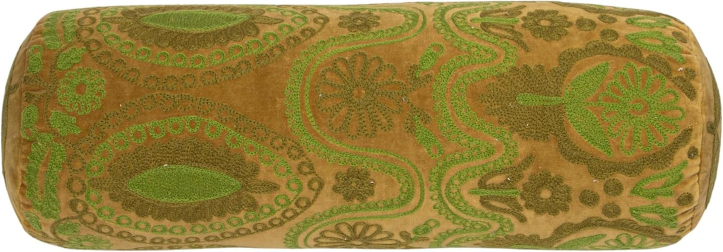 Creative Co-Op Cotton Velvet Embroidered Bolster Pillow, Green