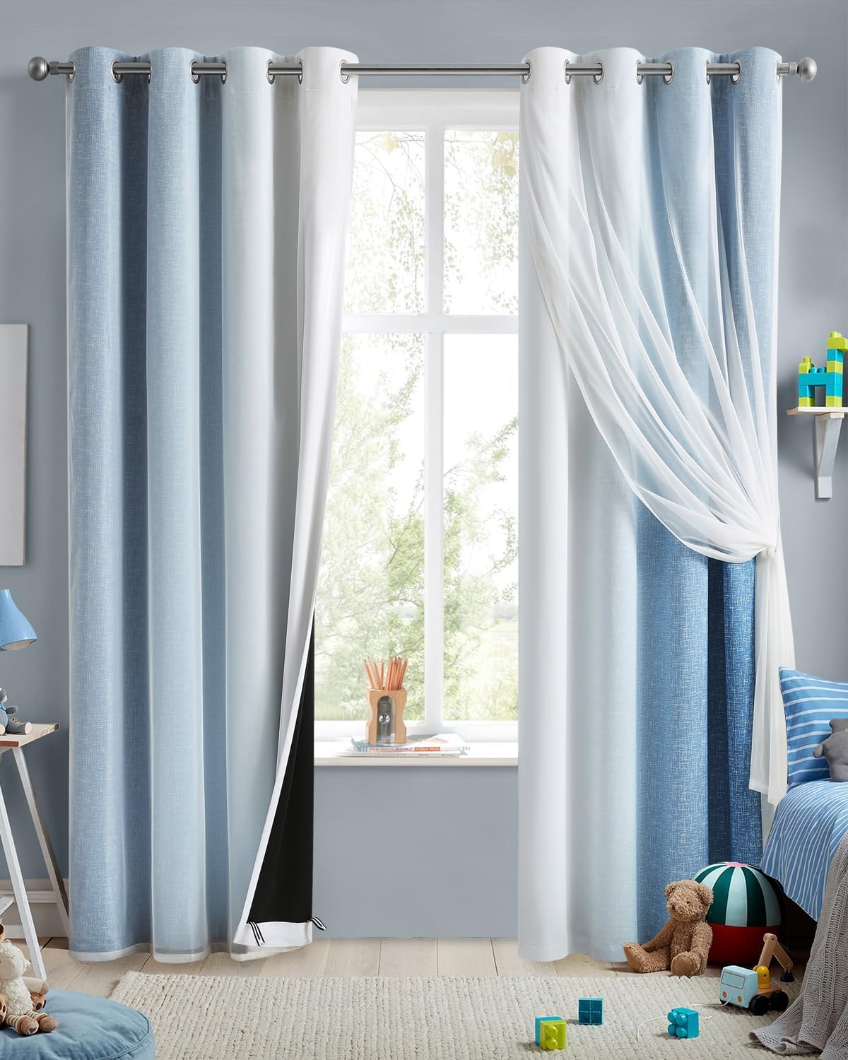100% Blackout Curtains with Sheer Overlay Mix and Match Double Layer Drapes 84 Inch Long 2 Panels for Bedroom Living Room Pink White Ombre Grommet Window Treatment with Tiebacks