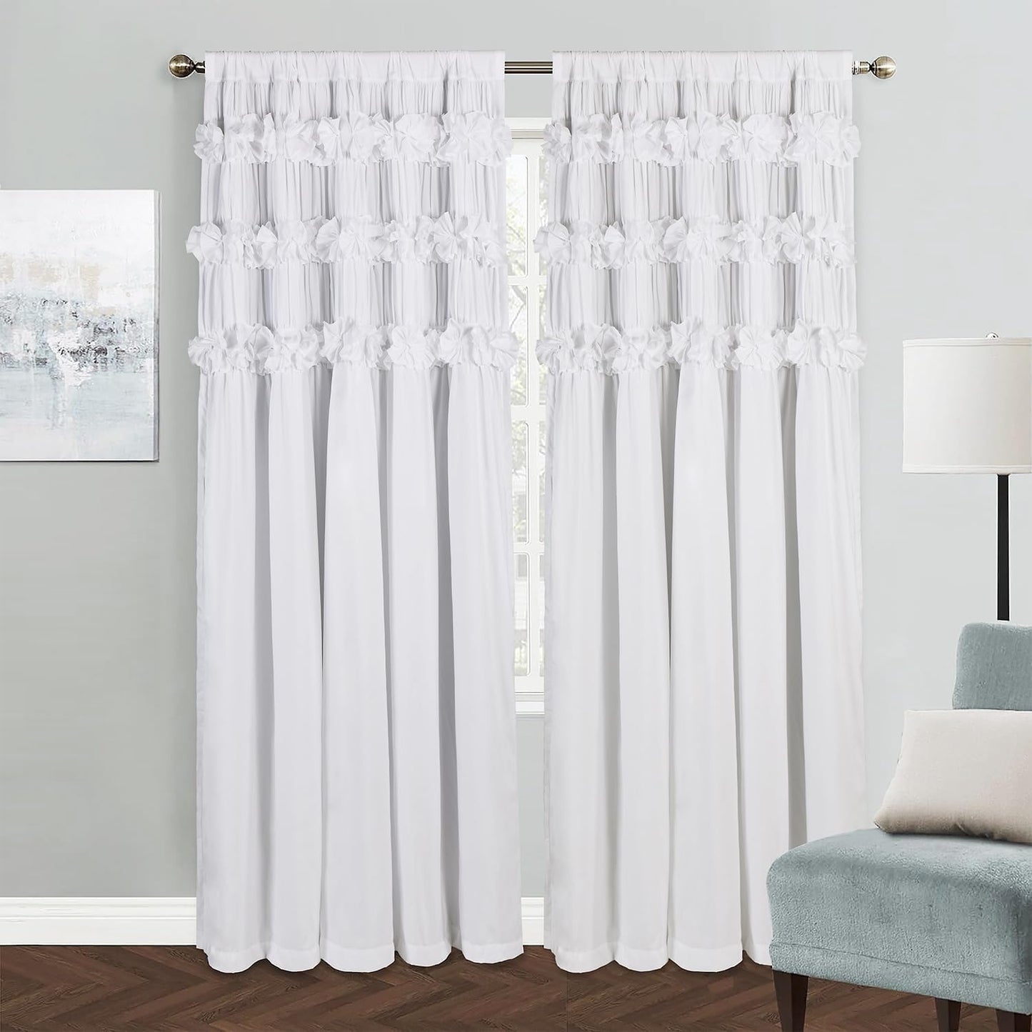 Luxurious Peach Pink Blackout Curtains with 3 Rows of Handmade Butterfly Flower Ruffles, Room Darkening and Soundproof Window Curtain 54" x 84", 2 Panels, Machine Washable (LQ-37)