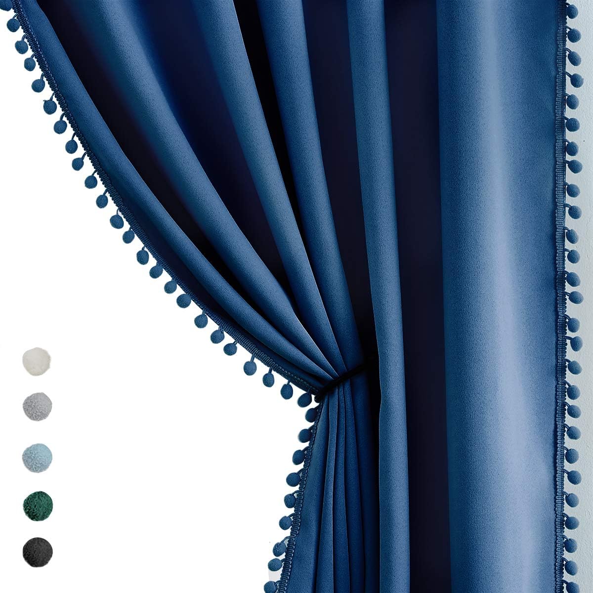Pink Blackout Curtains with Sheer Overlay for Bedroom, Mix & Match Double Layer Pom Pom Curtains for Girl Nursery, Living Room, Rod Pocket Thermal Insulated Window Panels with Tiebacks 52W X 84L, 2pcs