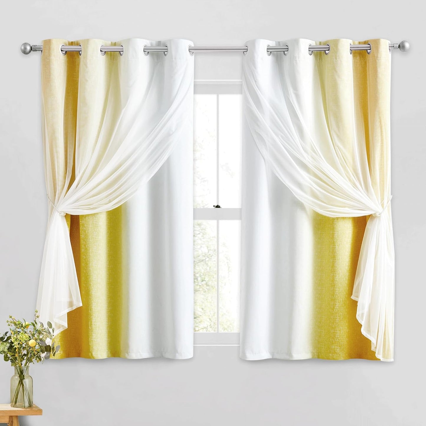 100% Blackout Curtains with Sheer Overlay Mix and Match Double Layer Drapes 84 Inch Long 2 Panels for Bedroom Living Room Pink White Ombre Grommet Window Treatment with Tiebacks