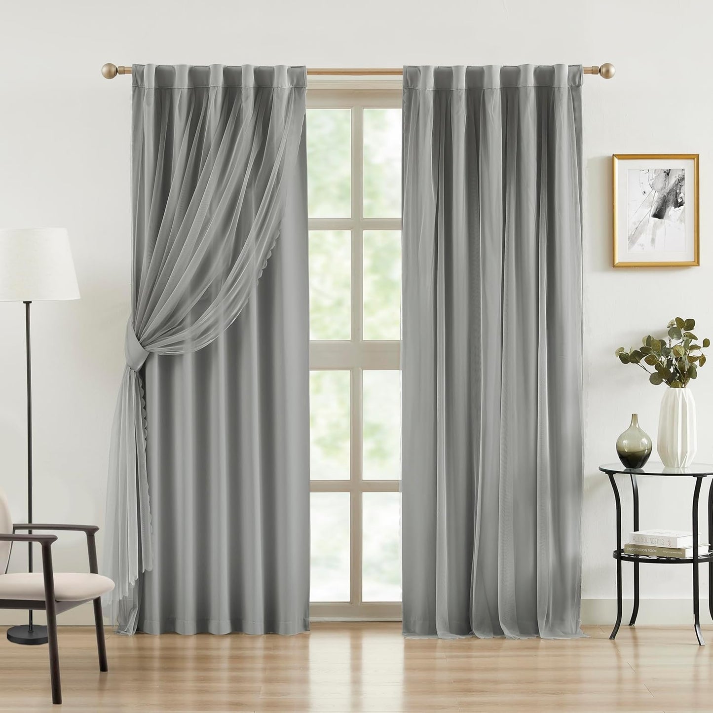 Bujasso Pink Blackout Curtains with Sheer Overlay Mix and Match Double Layer 80% Room Darkening Window Treatment Set for Girls Bedroom Pink Drapes with Tiebacks Rod Pocket Back Tab 37" Wx84 Lx2