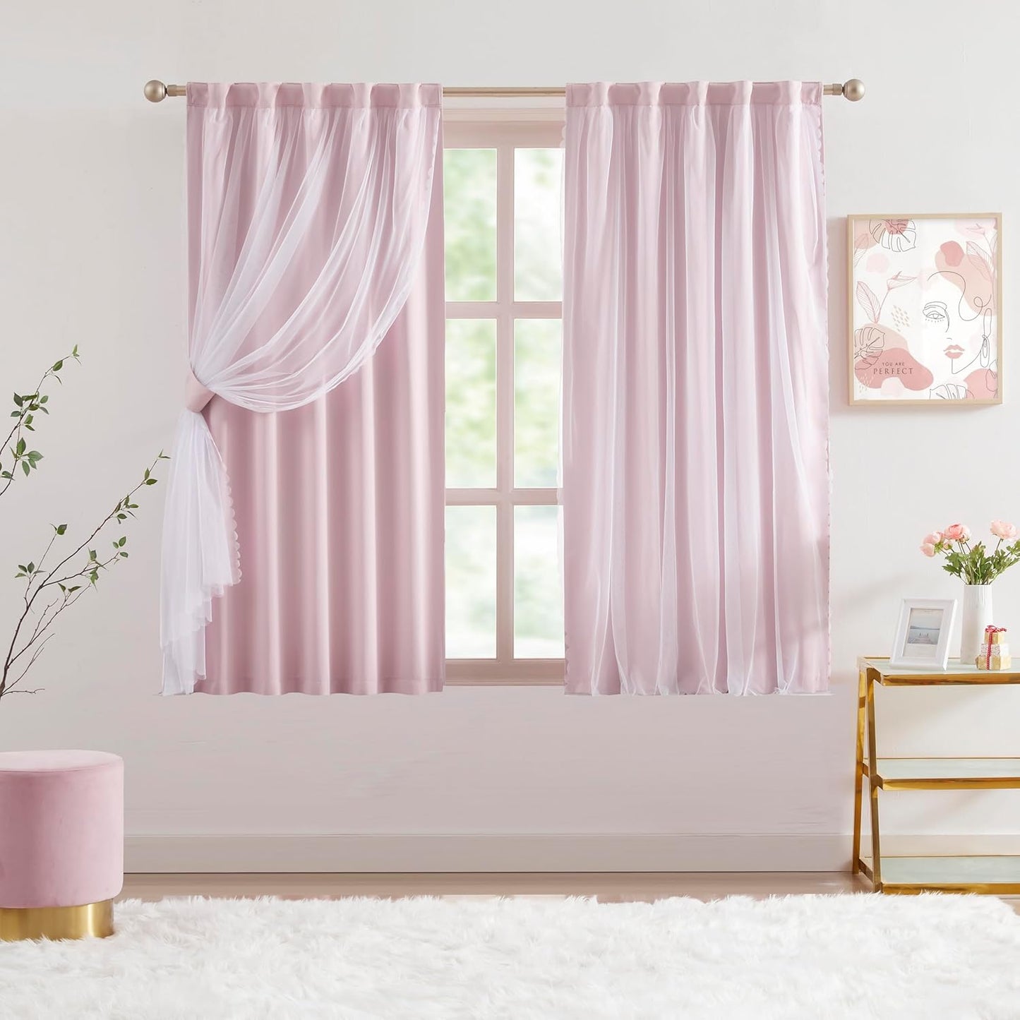 Bujasso Pink Blackout Curtains with Sheer Overlay Mix and Match Double Layer 80% Room Darkening Window Treatment Set for Girls Bedroom Pink Drapes with Tiebacks Rod Pocket Back Tab 37" Wx84 Lx2