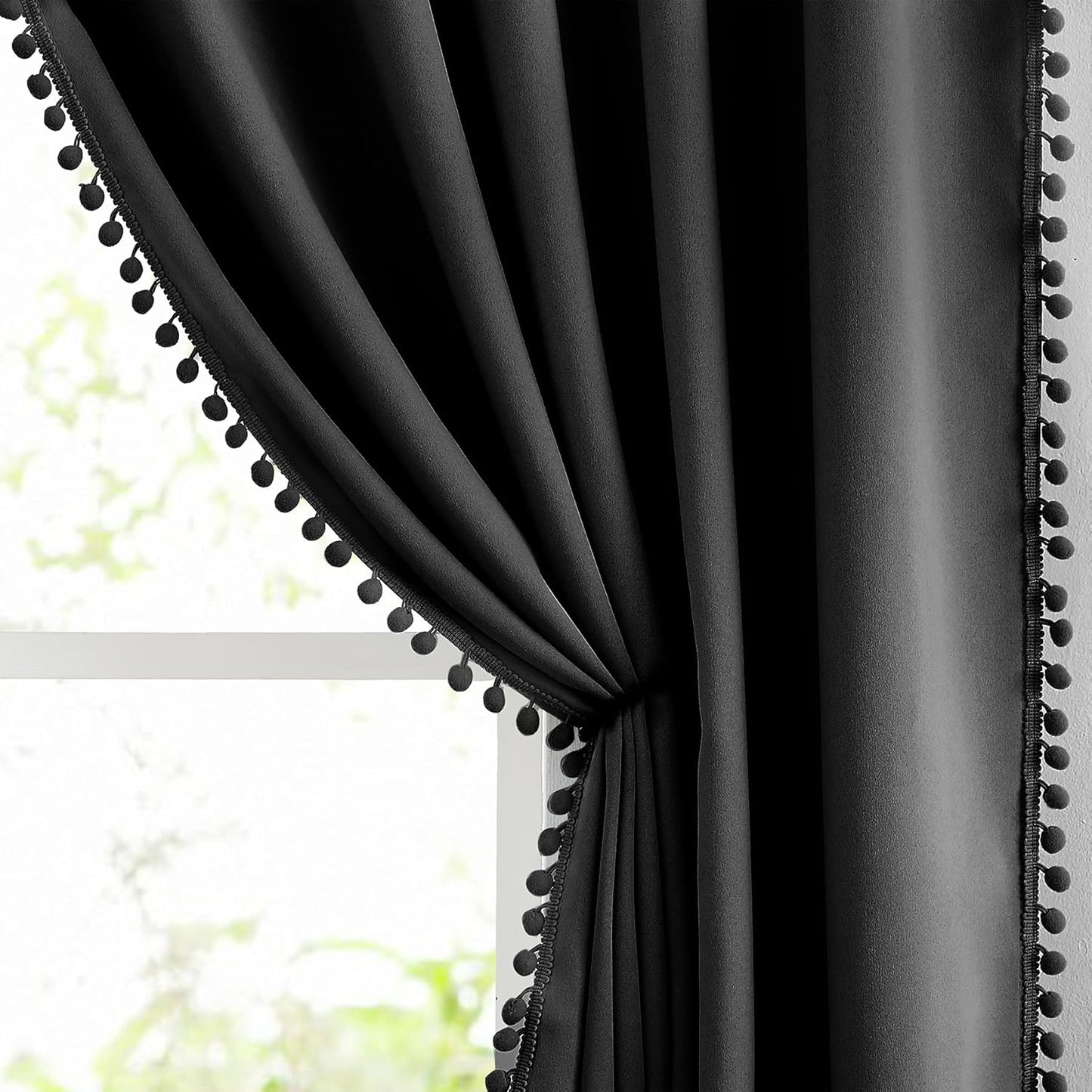 Pink Blackout Curtains with Sheer Overlay for Bedroom, Mix & Match Double Layer Pom Pom Curtains for Girl Nursery, Living Room, Rod Pocket Thermal Insulated Window Panels with Tiebacks 52W X 84L, 2pcs