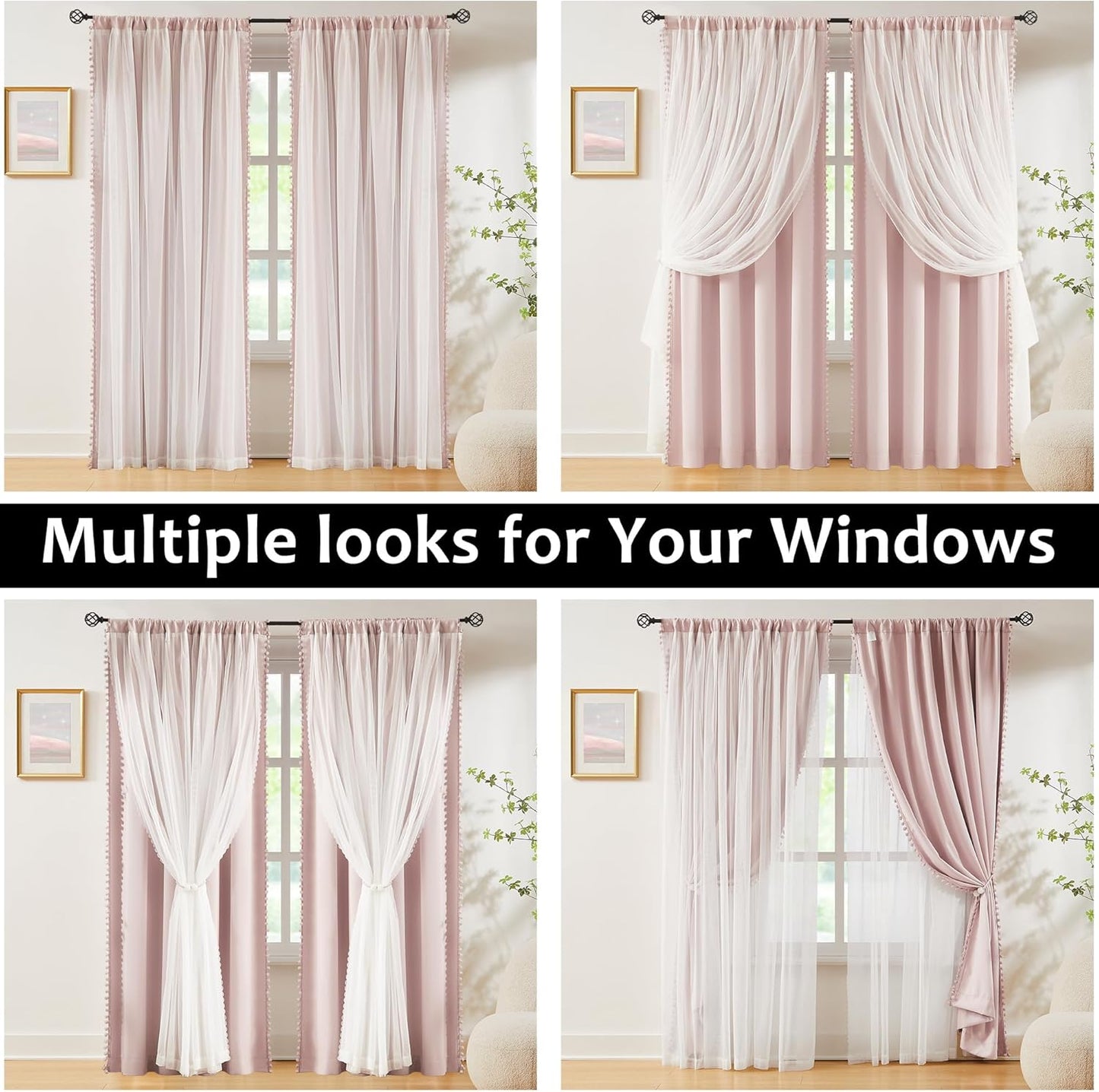 Pink Blackout Curtains with Sheer Overlay for Bedroom, Mix & Match Double Layer Pom Pom Curtains for Girl Nursery, Living Room, Rod Pocket Thermal Insulated Window Panels with Tiebacks 52W X 84L, 2pcs