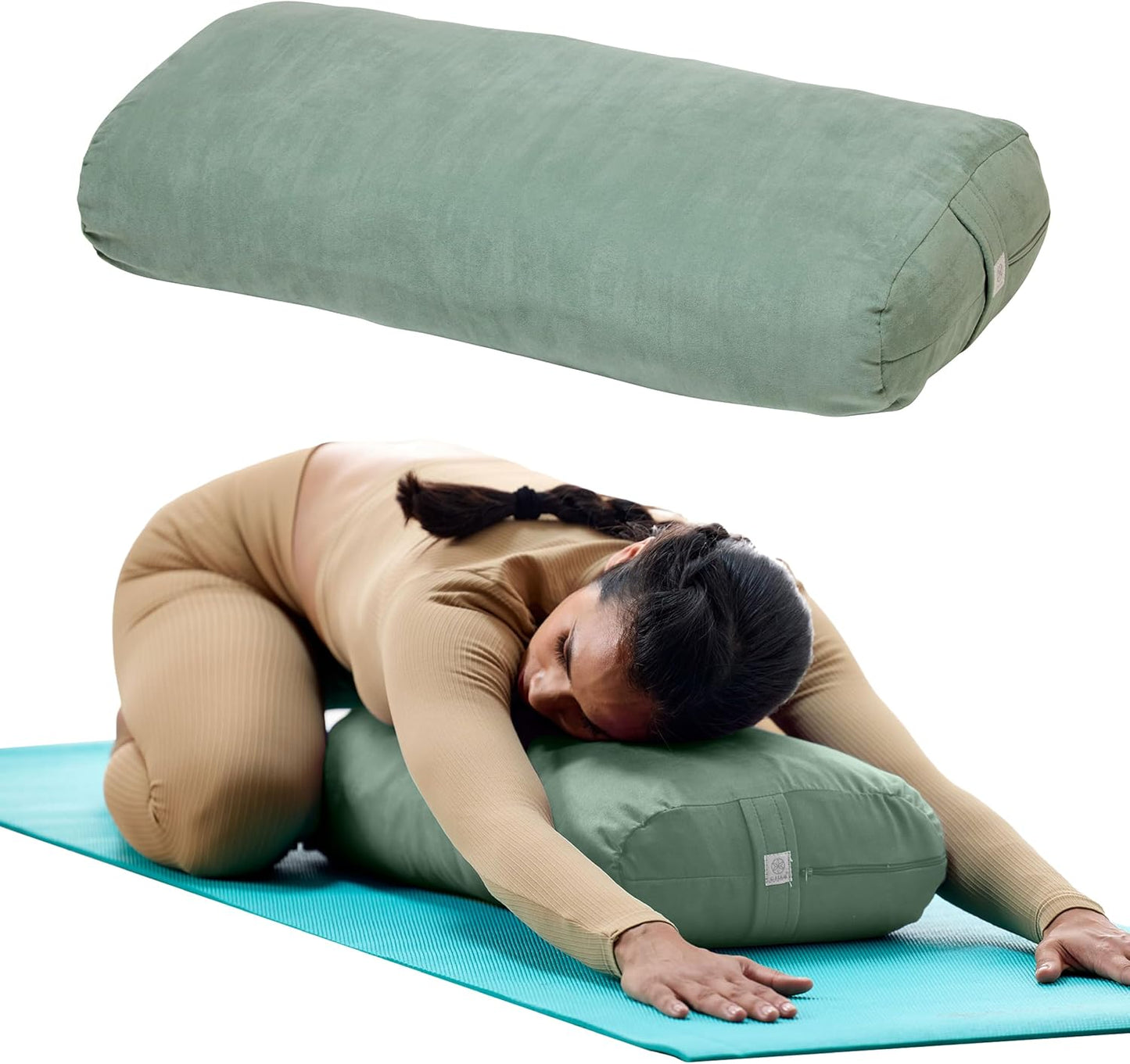 Gaiam Round Yoga Bolster Pillow, Soft Meditation Cushion for Yoga, Massage and Back Support, Breathable Cotton Fill, Zippered Microfiber Cover, Easy-Carry Handle, Machine Washable