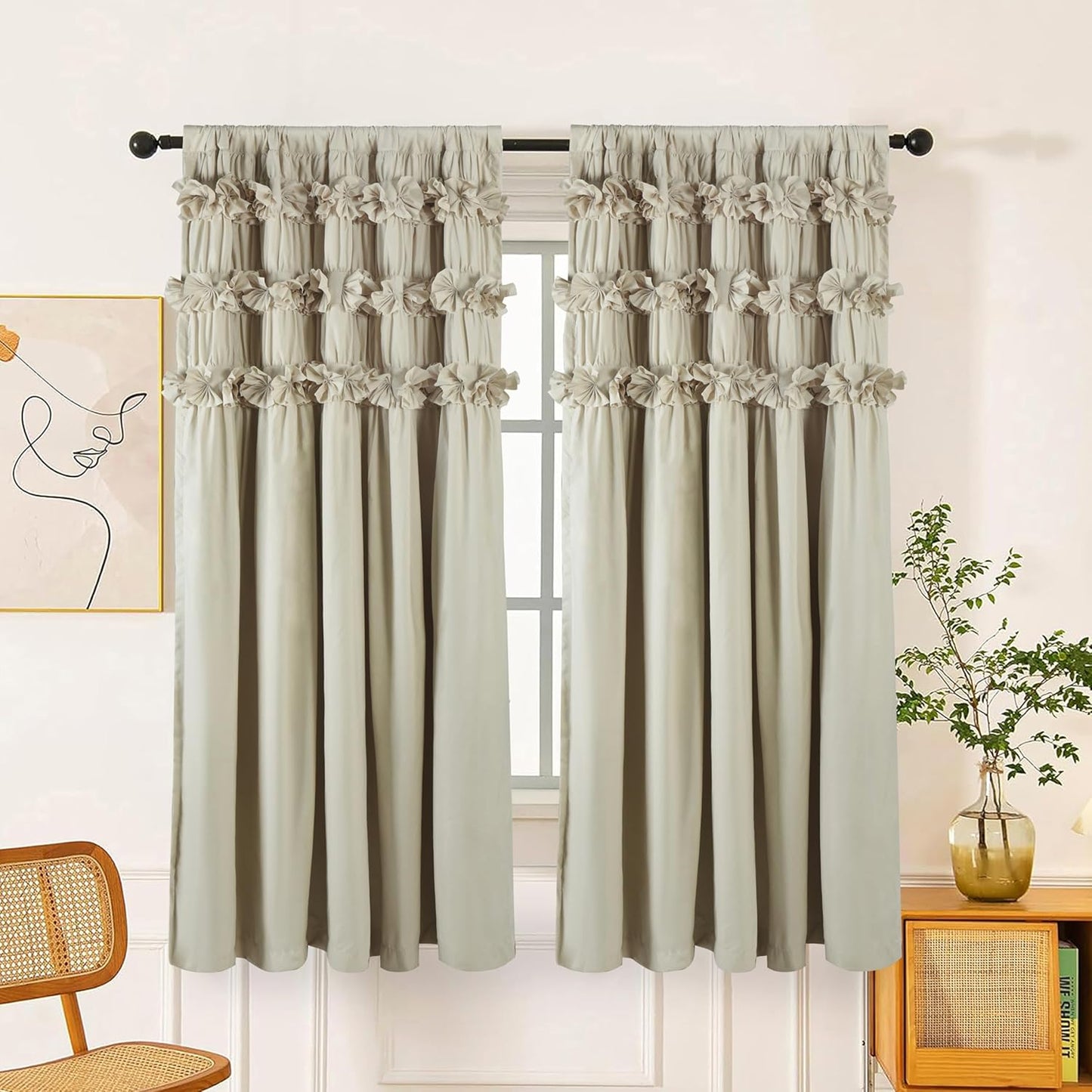 Luxurious Peach Pink Blackout Curtains with 3 Rows of Handmade Butterfly Flower Ruffles, Room Darkening and Soundproof Window Curtain 54" x 84", 2 Panels, Machine Washable (LQ-37)