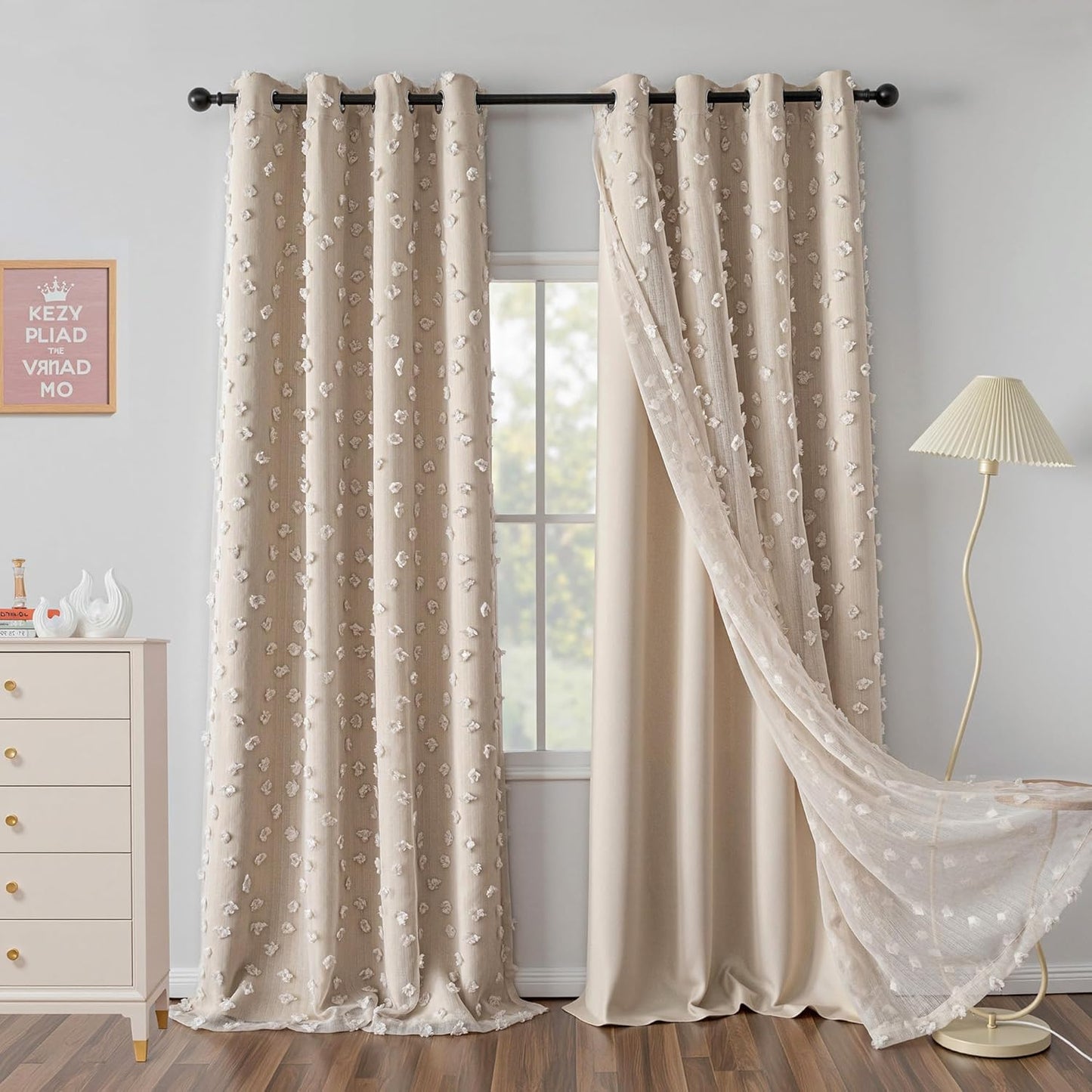 MYSKY HOME Pink Curtains for Girls Bedroom 84 Inches Long Blackout Nursery Curtains Double Layer Pom Pom Sheer Overlay Kids Toddler Room Decor Grommet Privacy Room Darkening Window Drapes 52 x 84 Inch